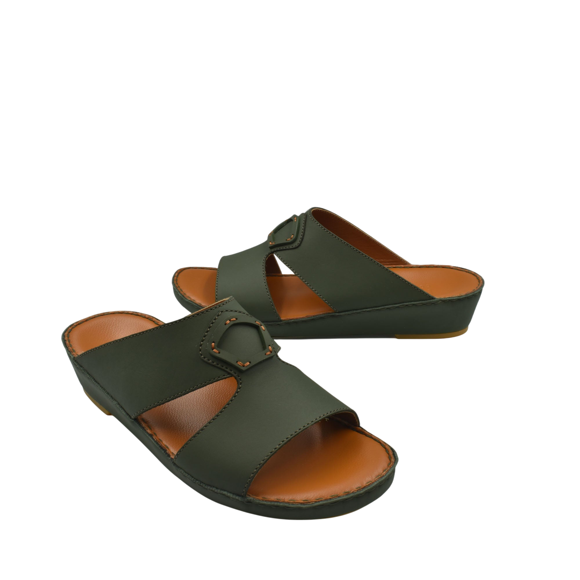 Comfortable leather slip-on sandals in dark green with adjustable buckle and cushioned footbed