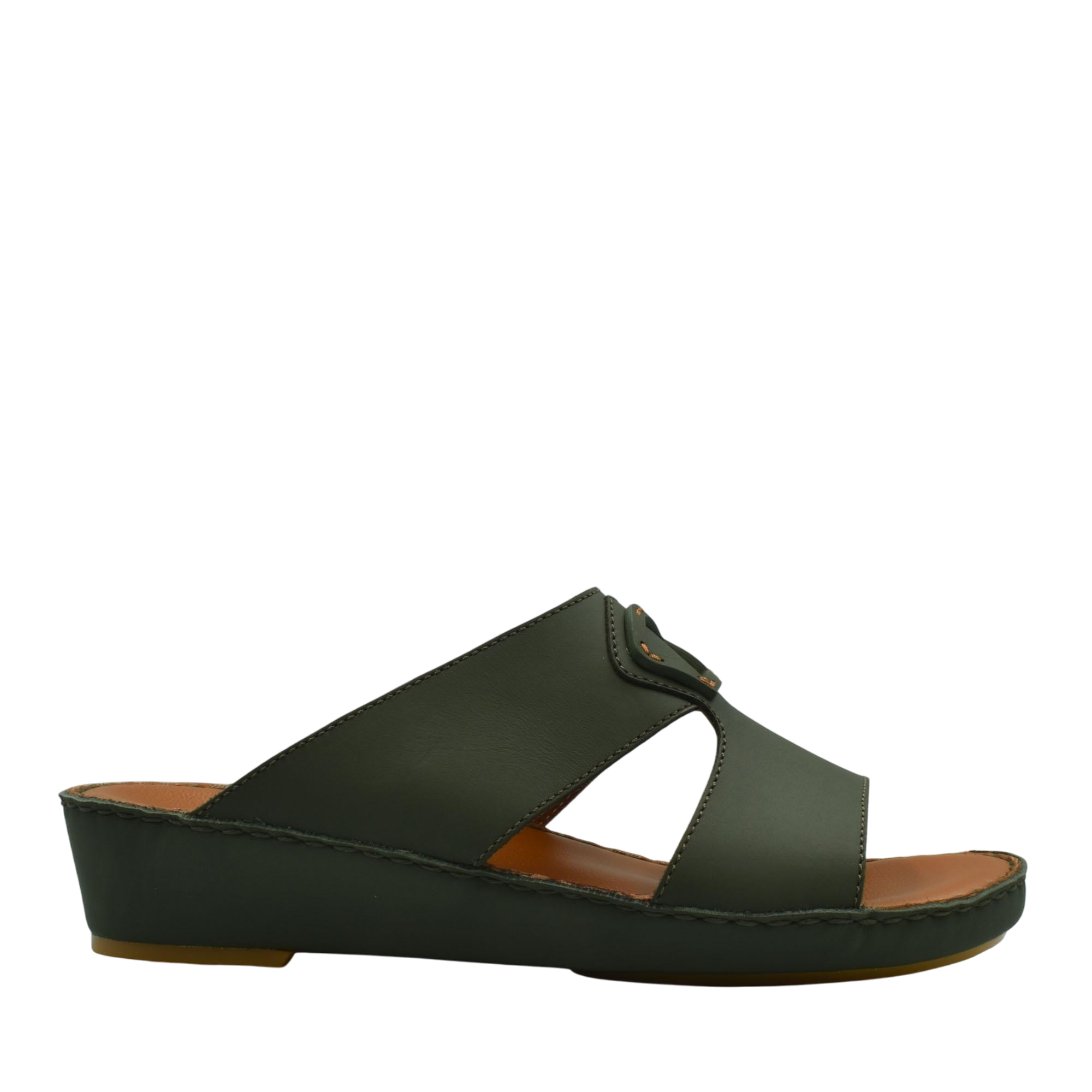 Comfortable leather slip-on sandals in dark green with cushioned sole and open toe design