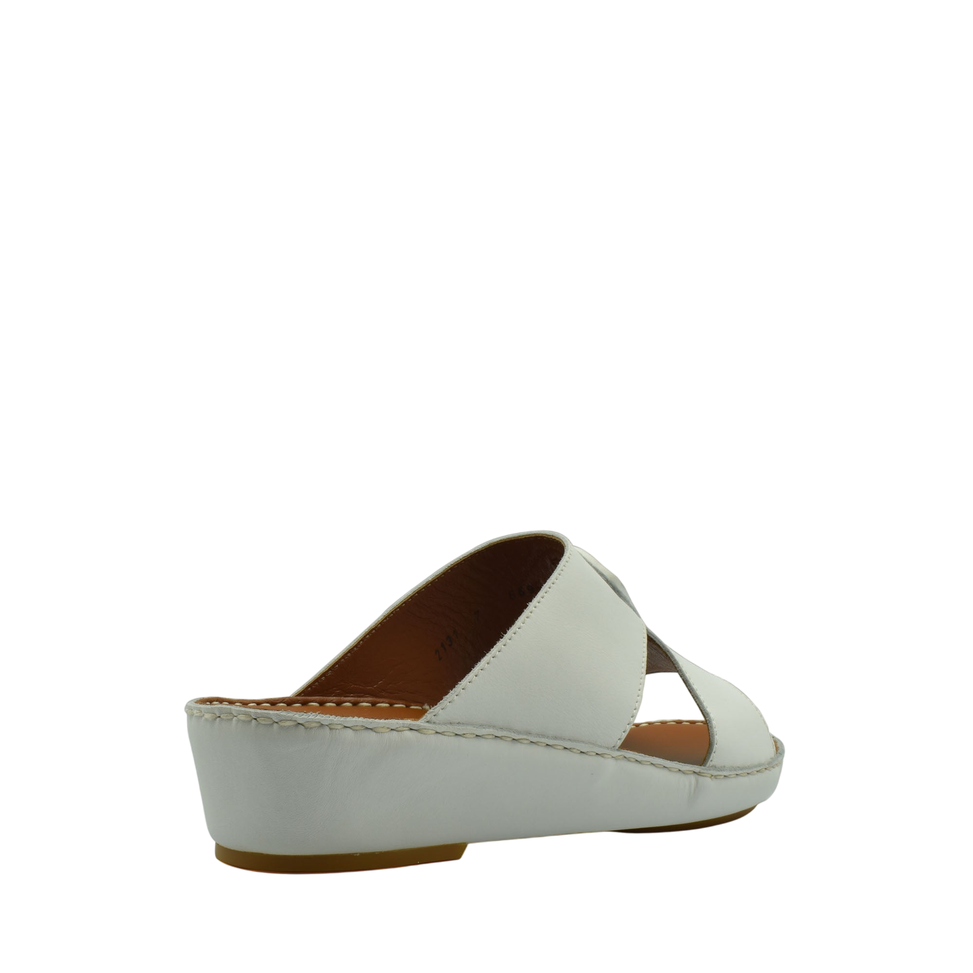 White comfortable leather slip-on sandals with a low wedge heel and cushioned insole