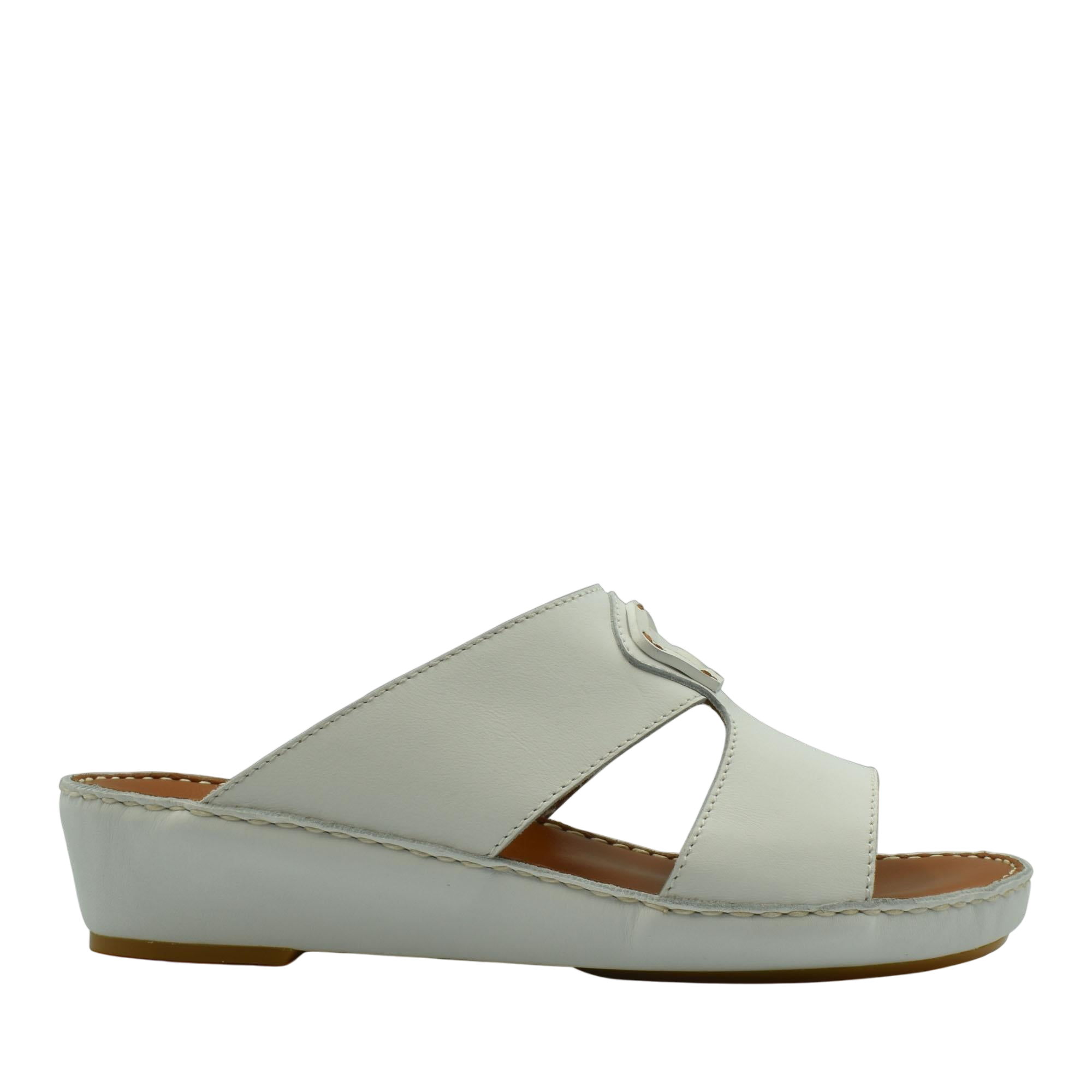 White comfortable leather slip-on sandals with open toe and cushioned sole for casual wear