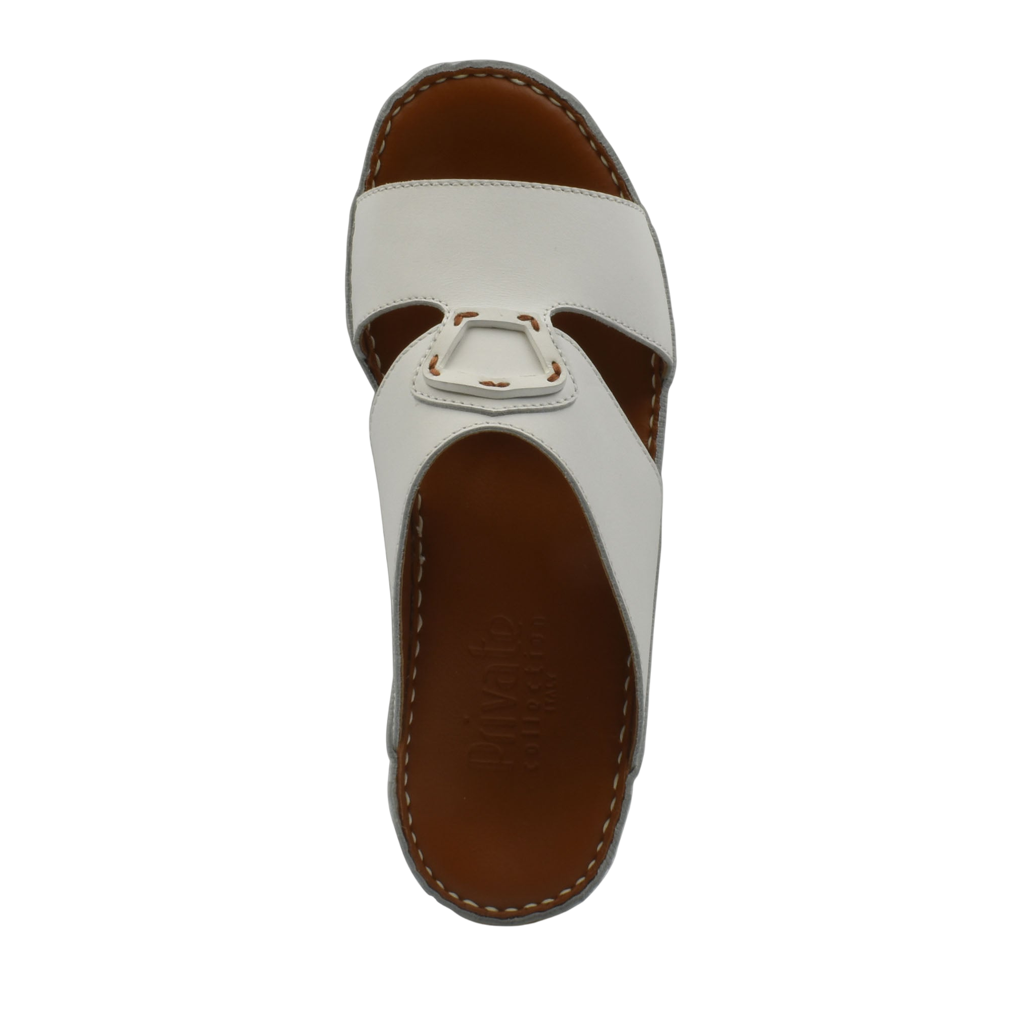 White comfortable leather slip-on sandals with stitched brown sole from Private collection