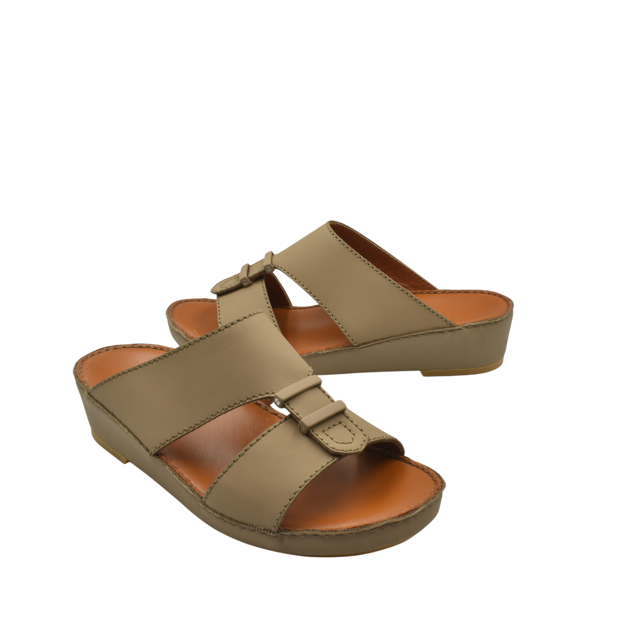 Pair of beige comfortable rubber sandals with adjustable straps and cushioned soles