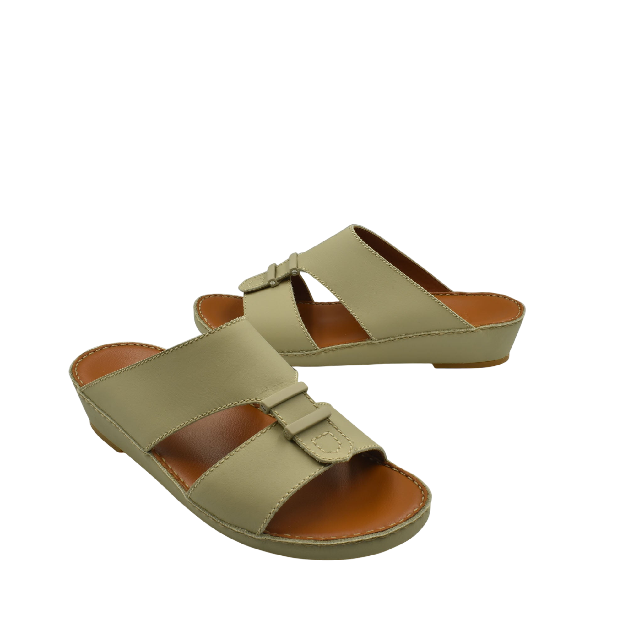 Beige comfortable rubber sandals with wide straps and cushioned footbed for everyday wear