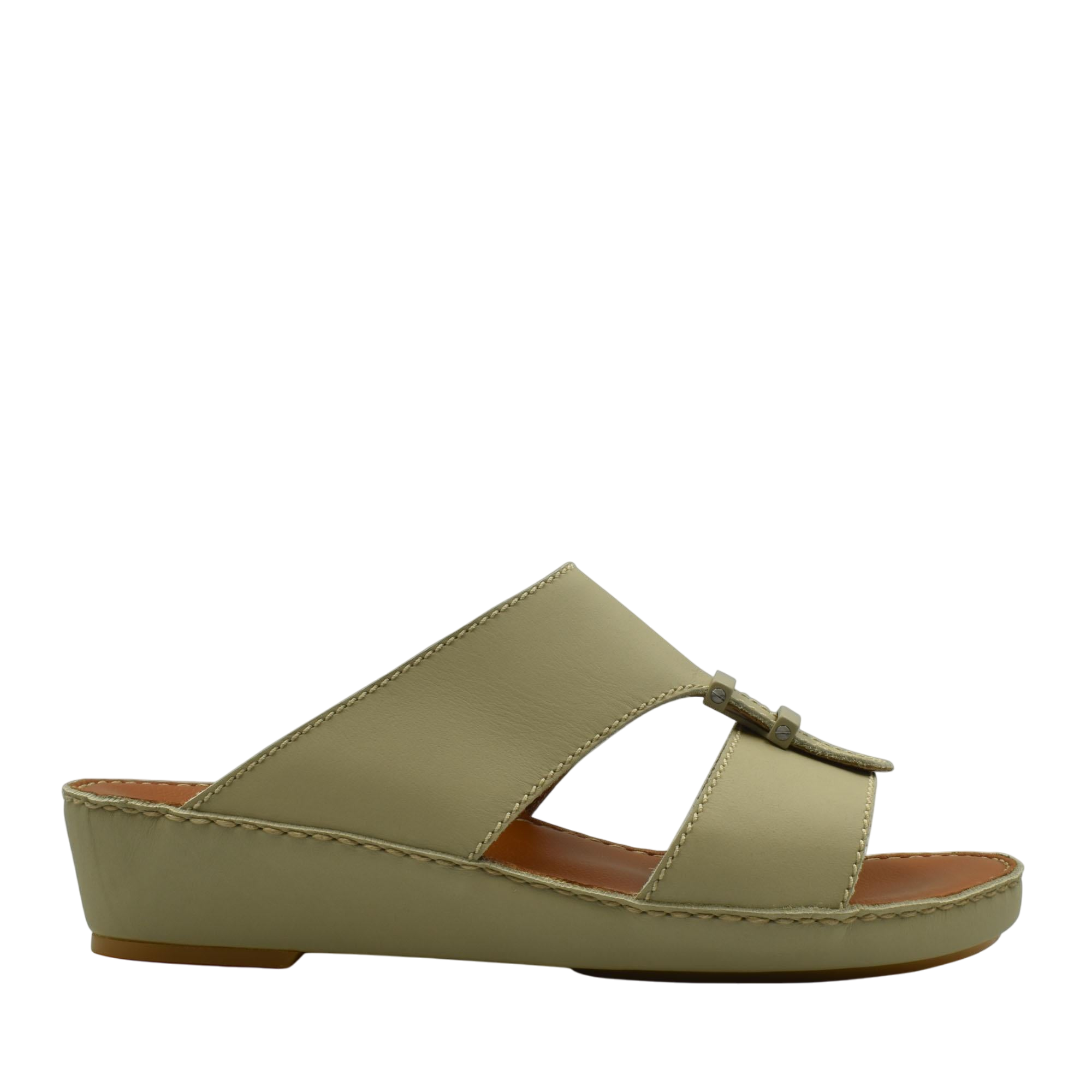 Side view of comfortable rubber sandals in olive green with slip-on design and cushioned sole