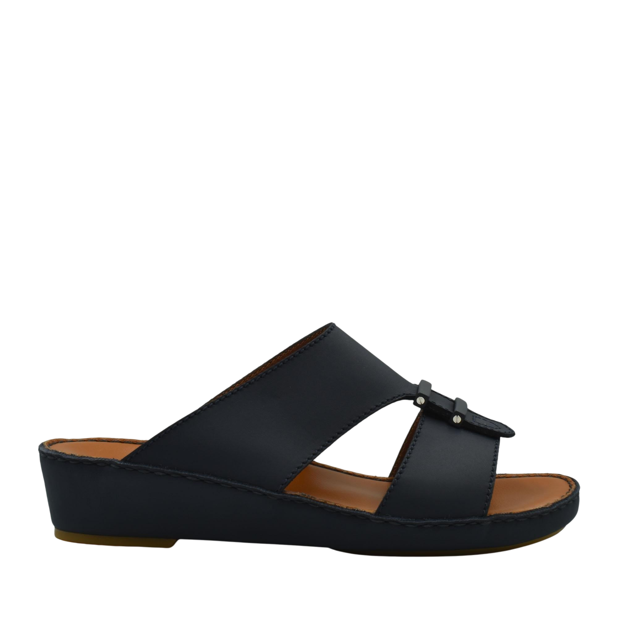 Black comfortable rubber sandals with a low wedge heel and open toe design
