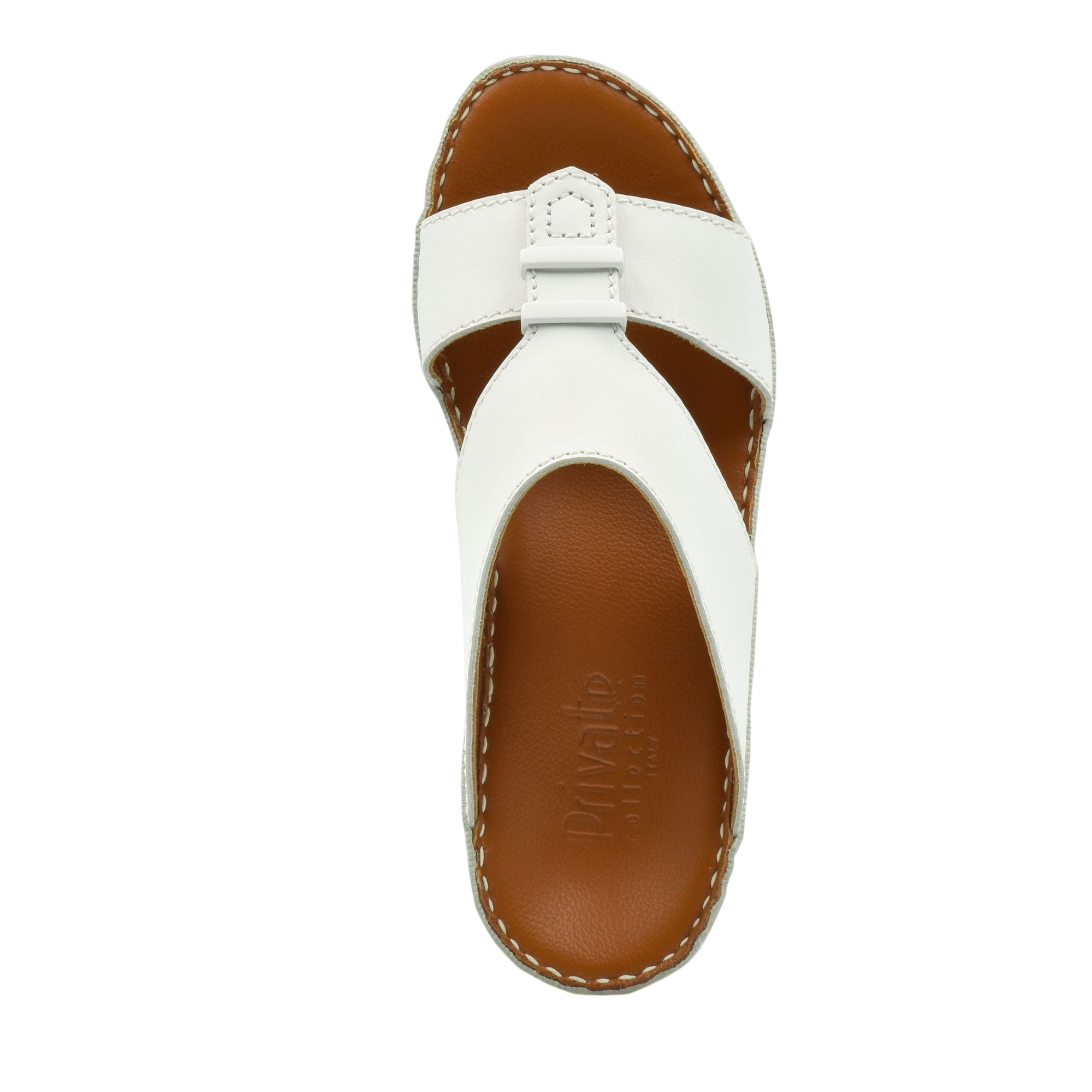 White comfortable rubber sandals with brown cushioned footbed and stitched edges