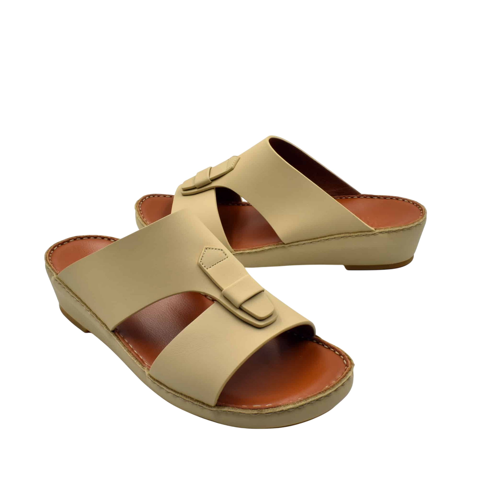 Beige comfortable rubber slides with a cushioned brown footbed and adjustable strap for casual wear