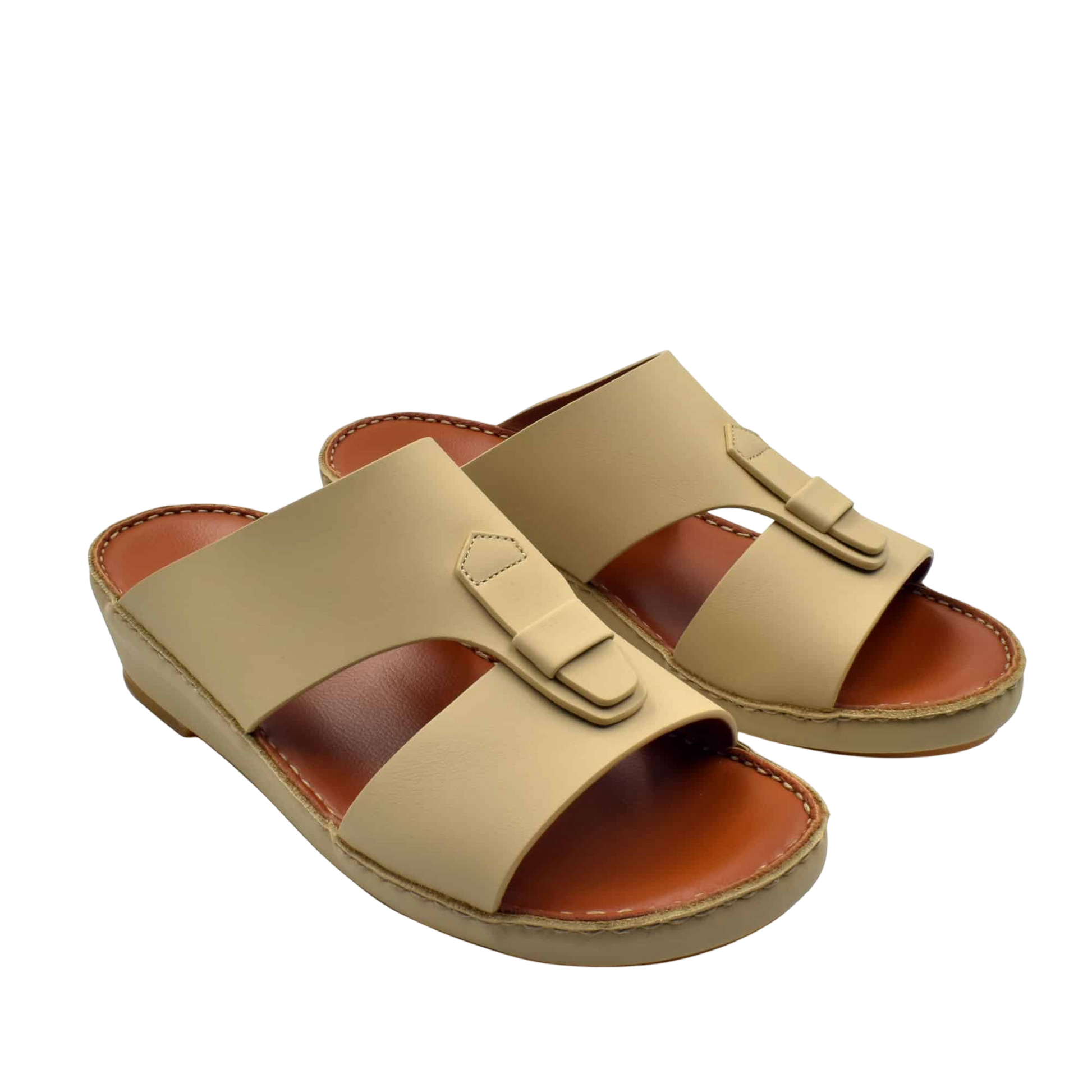 Beige comfortable rubber slides with open toe and cushioned brown insole for easy wear