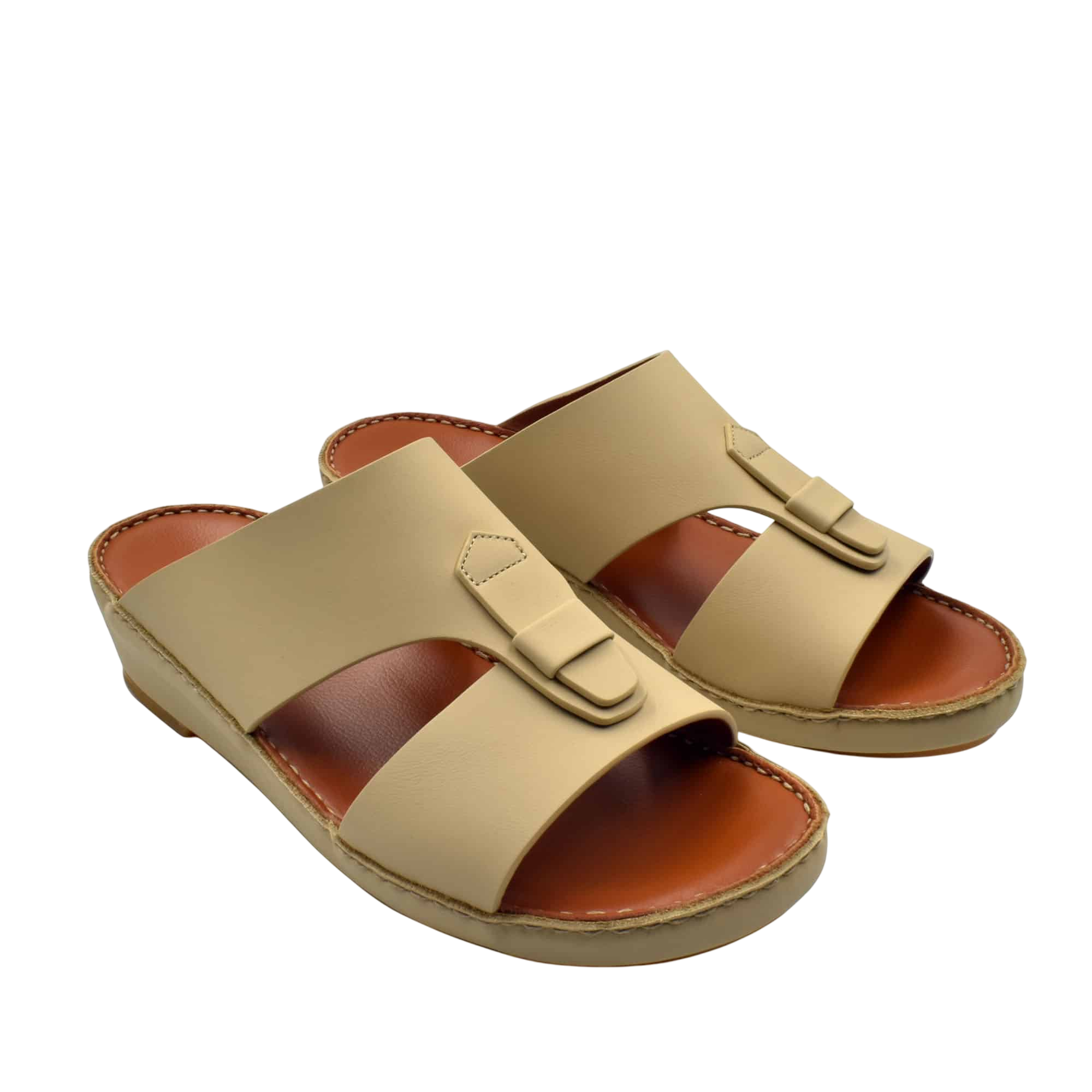 Beige comfortable rubber slides with open toe and cushioned brown insole for easy wear