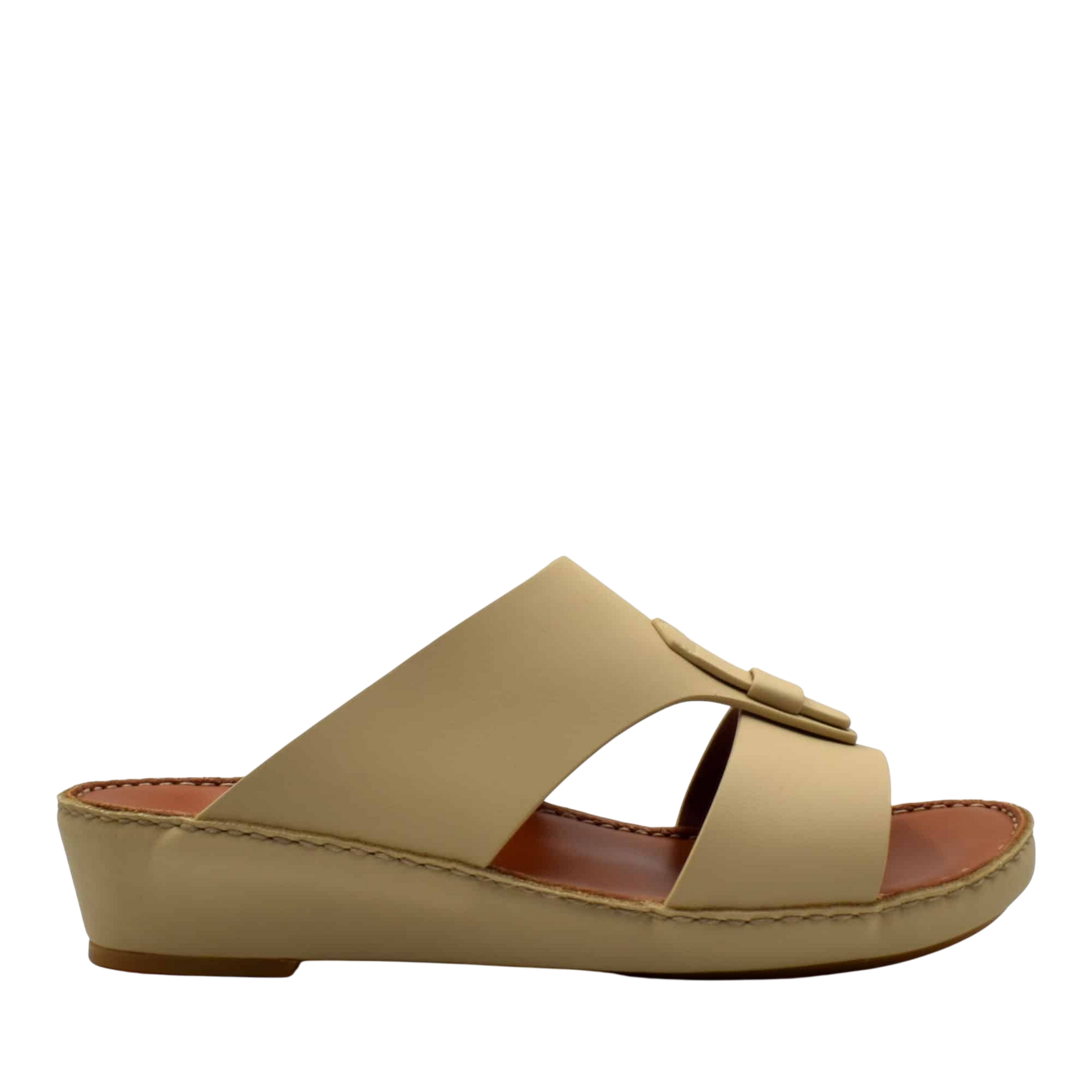 Beige comfortable rubber slides with wide straps and cushioned sole for casual wear