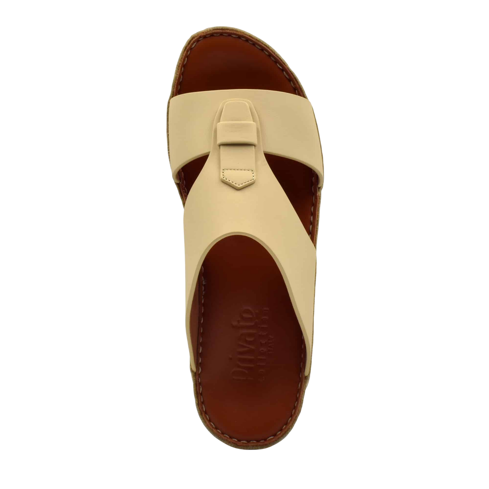 Beige comfortable rubber slides with brown cushioned footbed and stitched sole from Private Collection