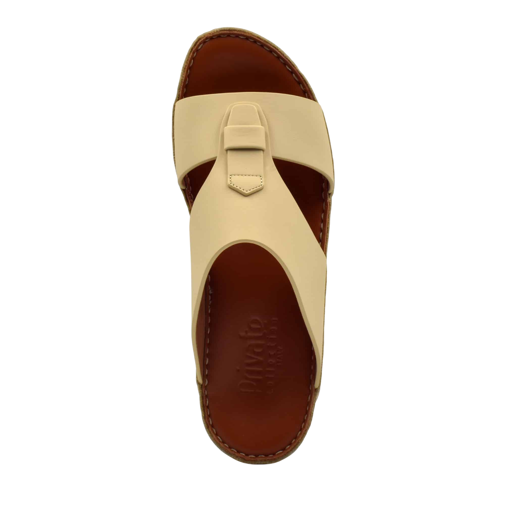 Beige comfortable rubber slides with brown cushioned footbed and stitched sole from Private Collection