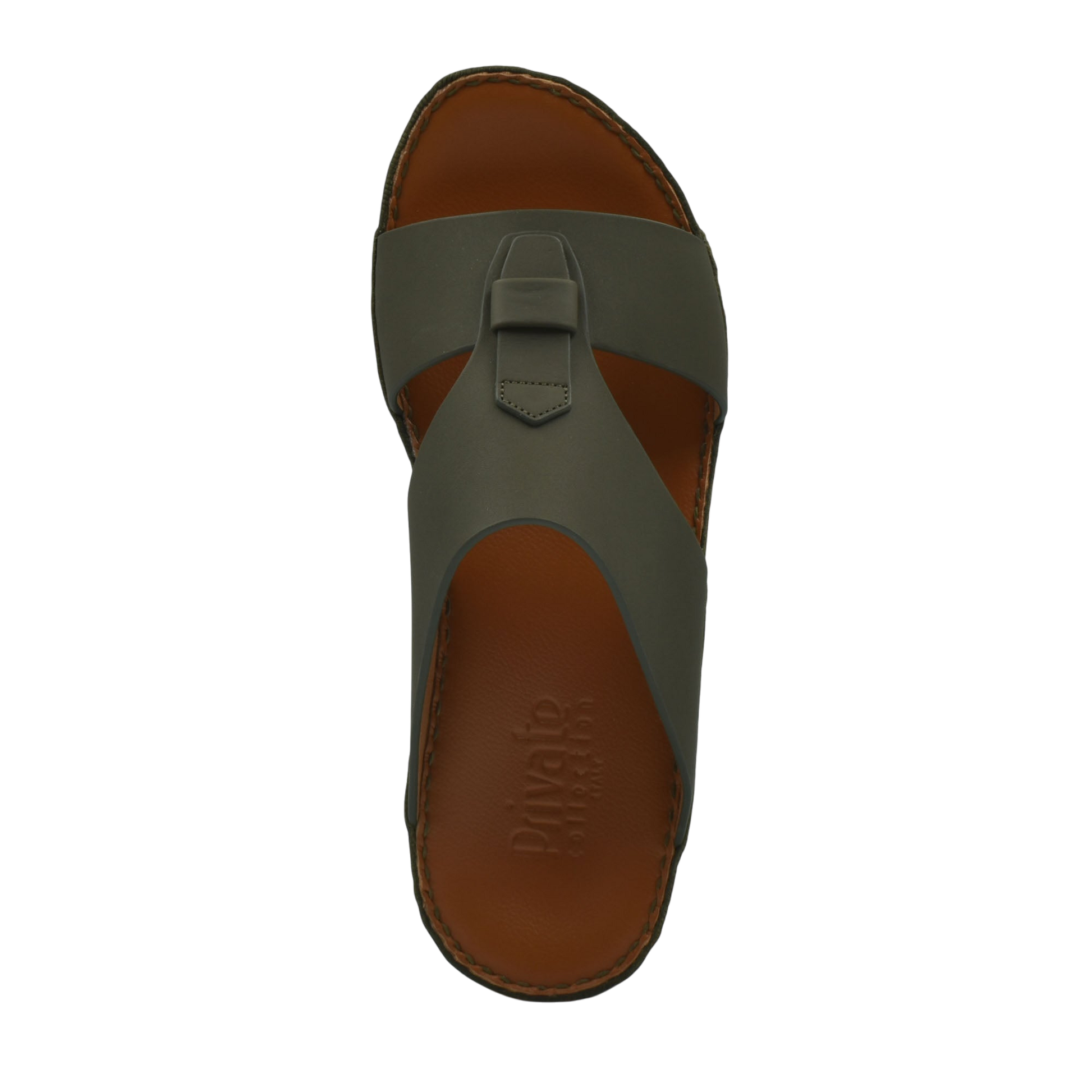 Top view of comfortable rubber slides with brown sole and dark gray strap from Private Collection