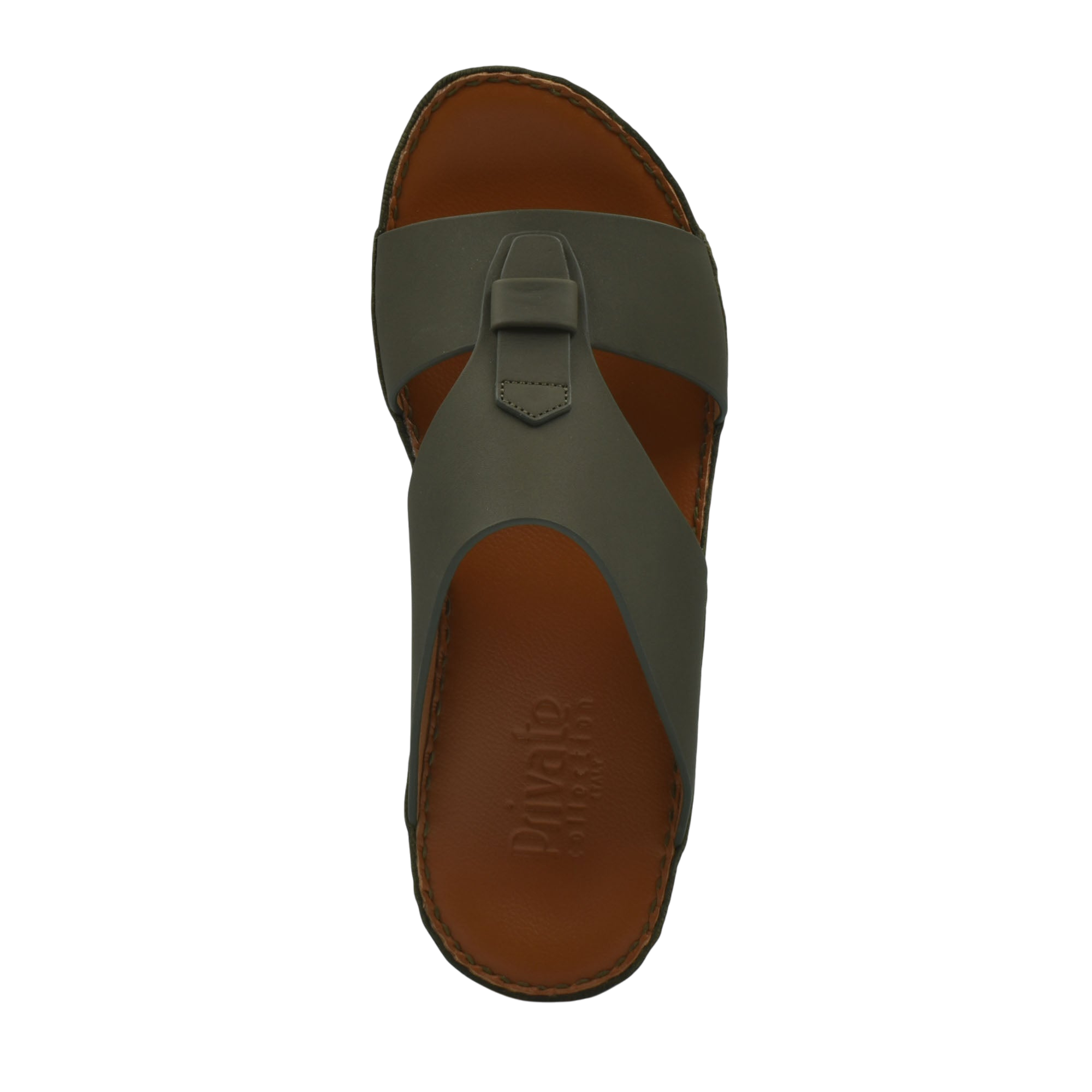Top view of comfortable rubber slides with brown sole and dark gray strap from Private Collection