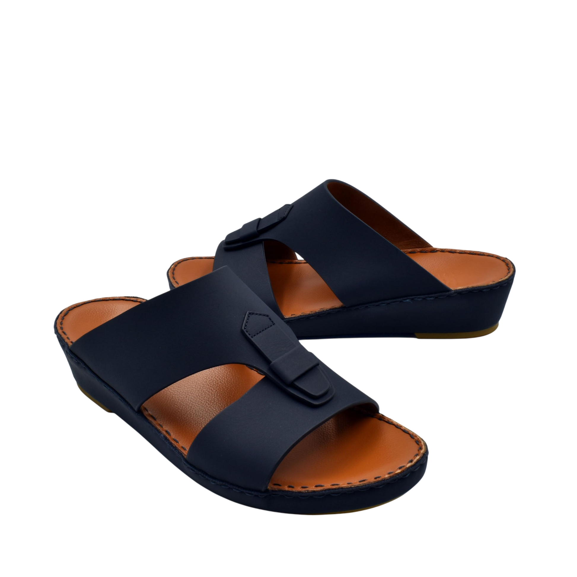 Black comfortable rubber slides with cushioned brown insole and adjustable strap design