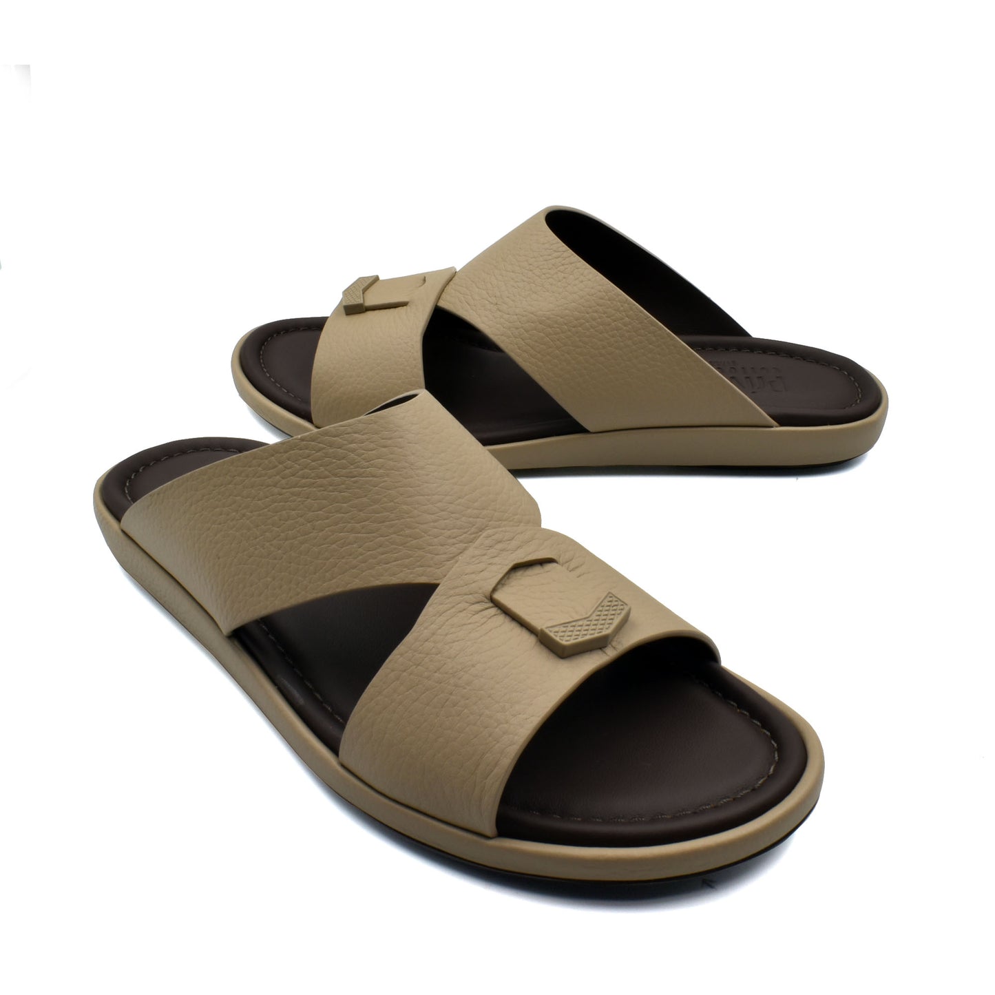 Beige and brown comfortable stylish slides with wide straps and cushioned sole for casual wear