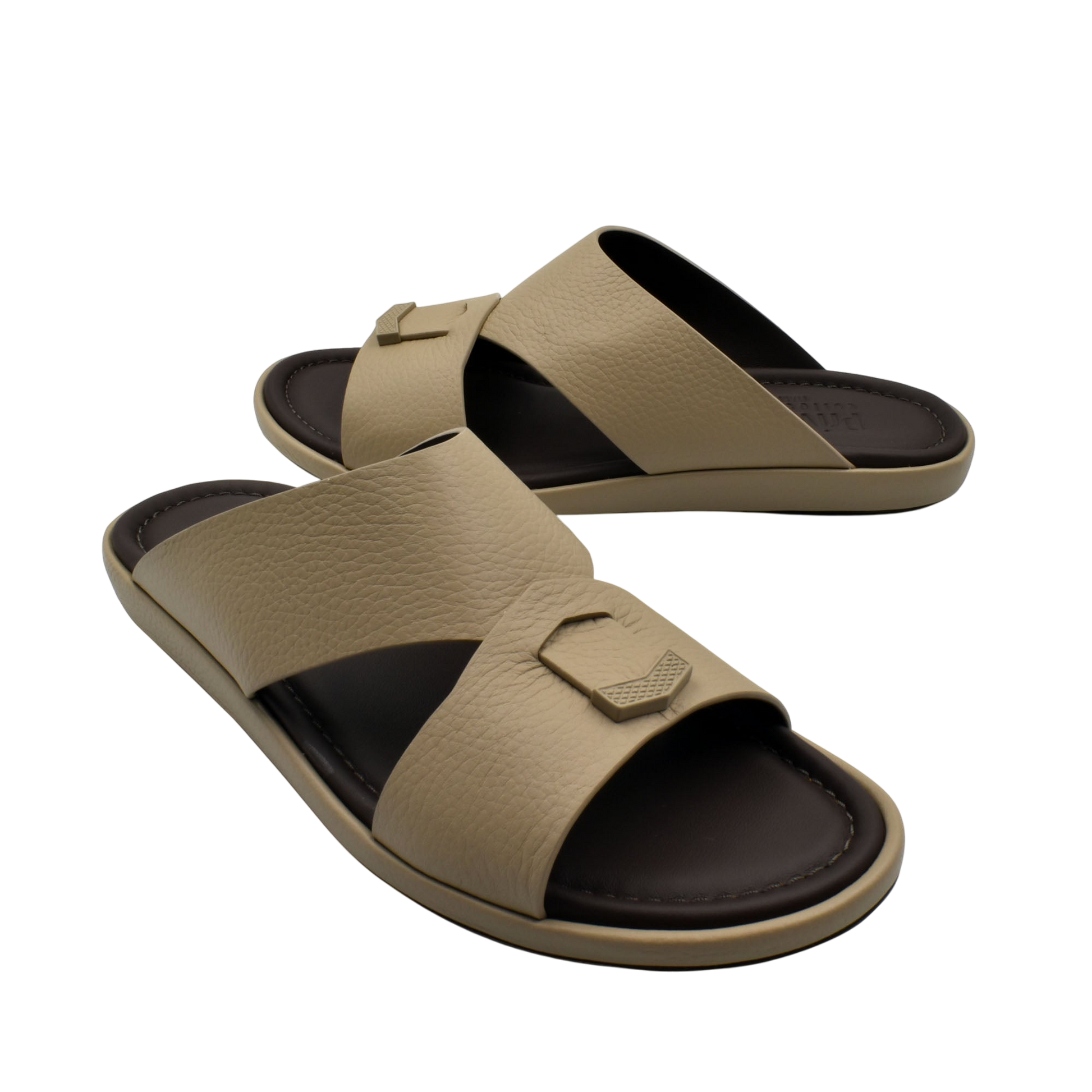 Beige and brown comfortable stylish slides with wide straps and cushioned sole for casual wear
