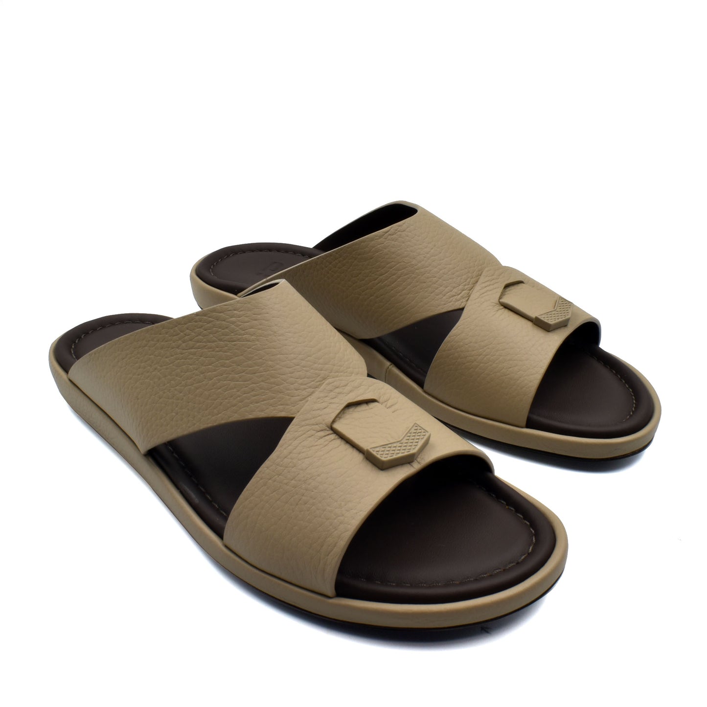Comfortable stylish slides in beige with cushioned footbed and textured leather straps for casual wear