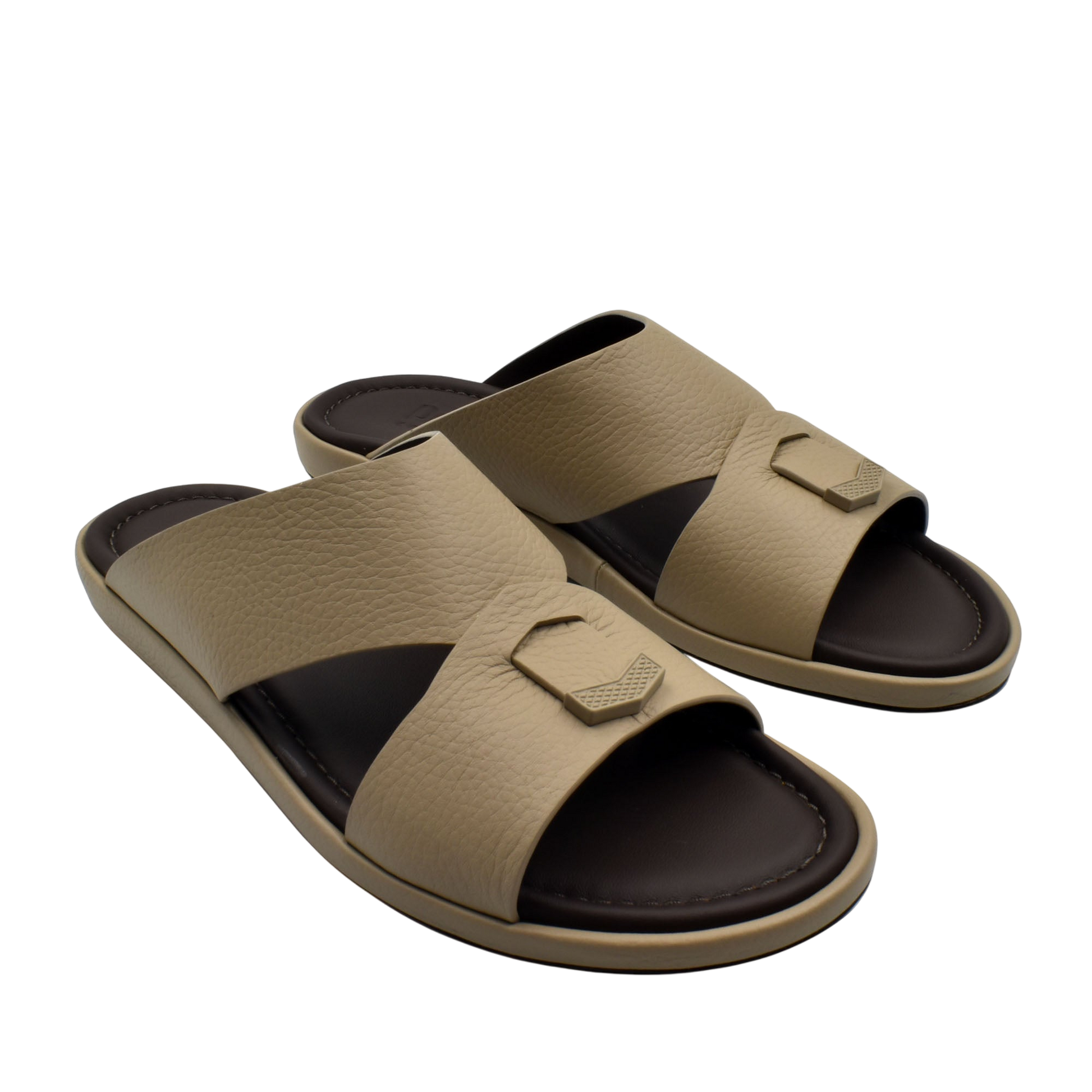 Comfortable stylish slides in beige with cushioned footbed and textured leather straps for casual wear