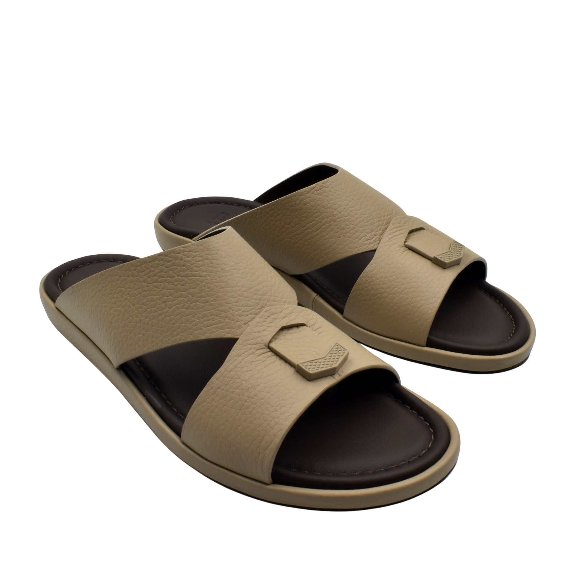 Comfortable stylish slides in beige with cushioned footbed and textured leather straps for casual wear