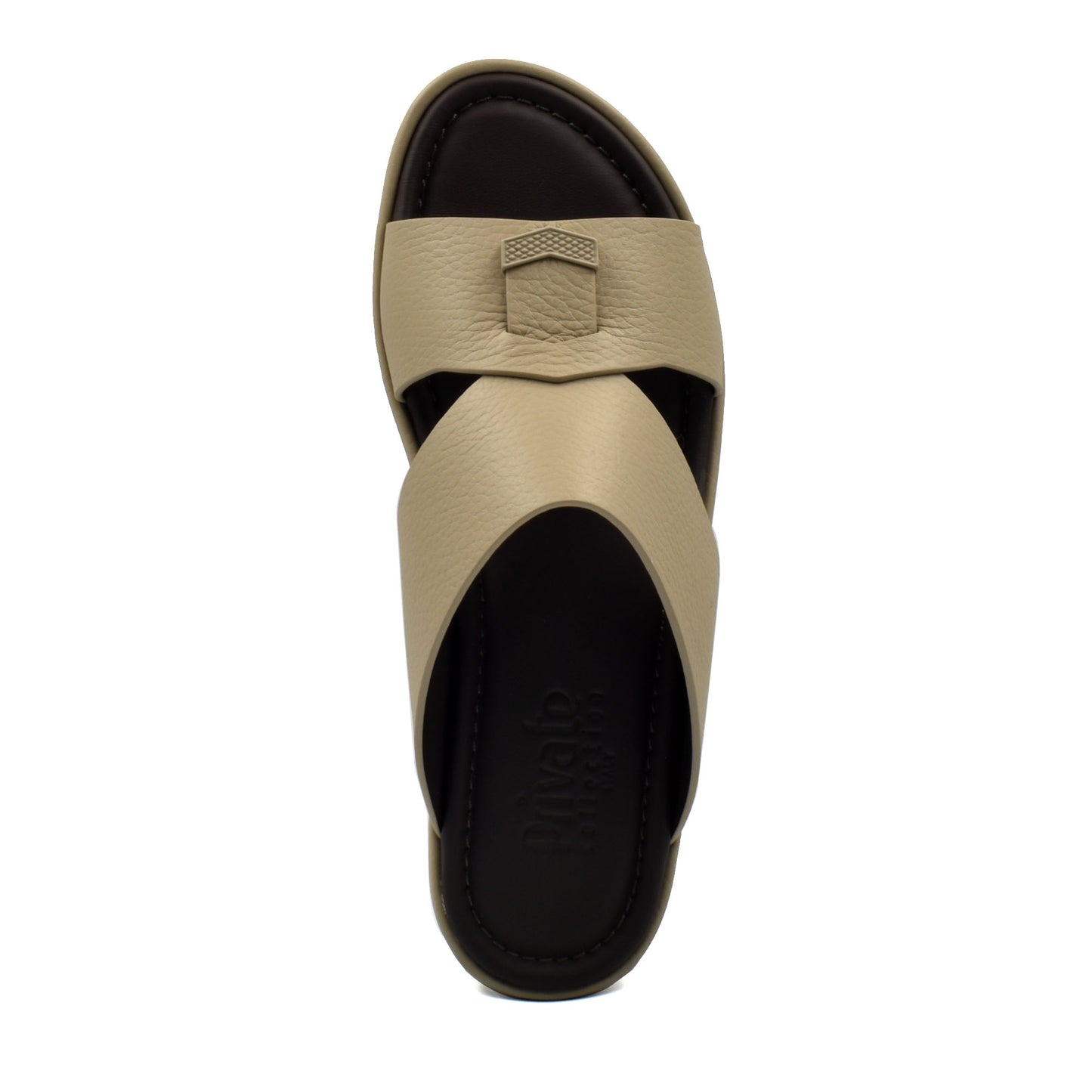 Beige leather slip-on comfortable stylish slides with cushioned black sole from Private Collection