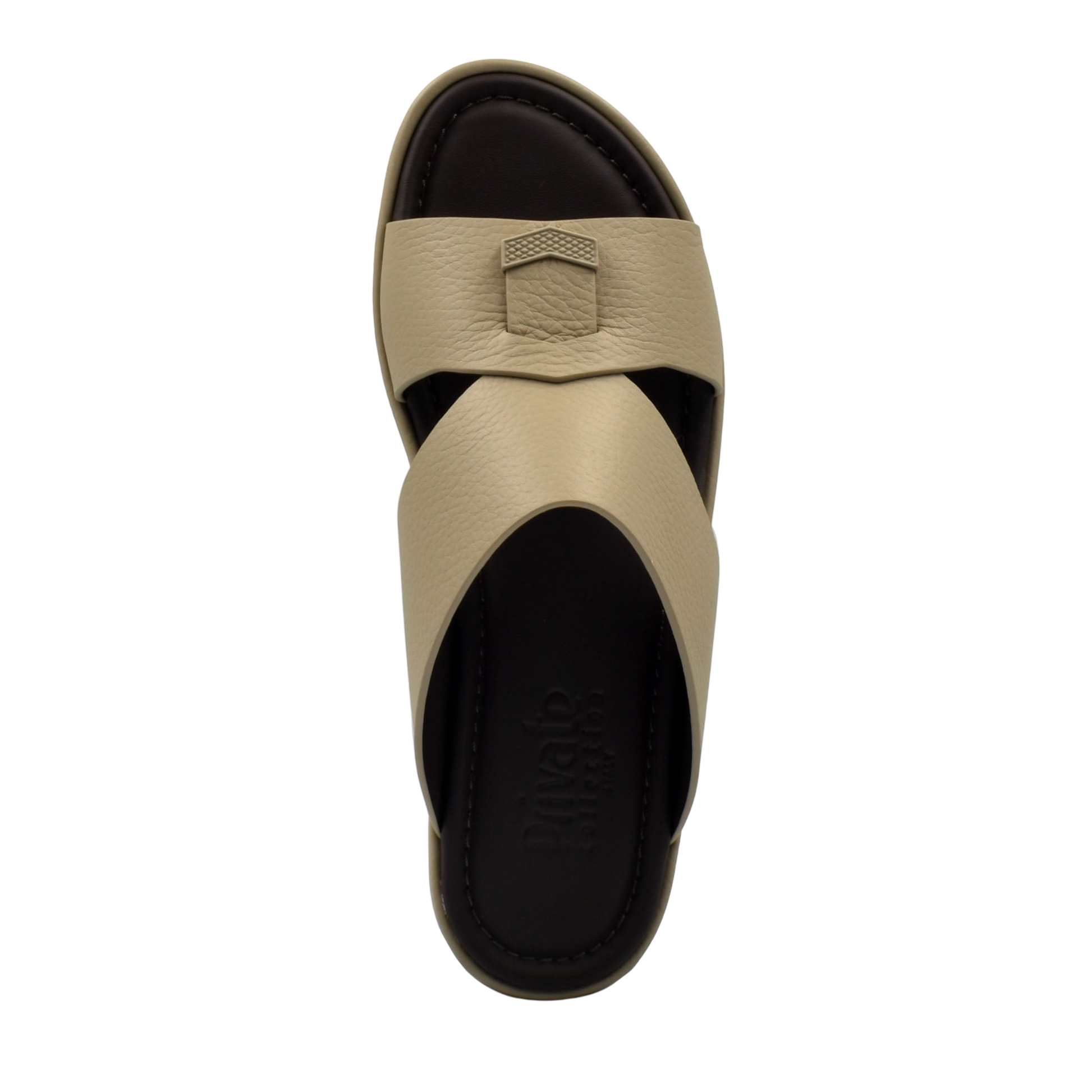 Beige leather slip-on comfortable stylish slides with cushioned black sole from Private Collection