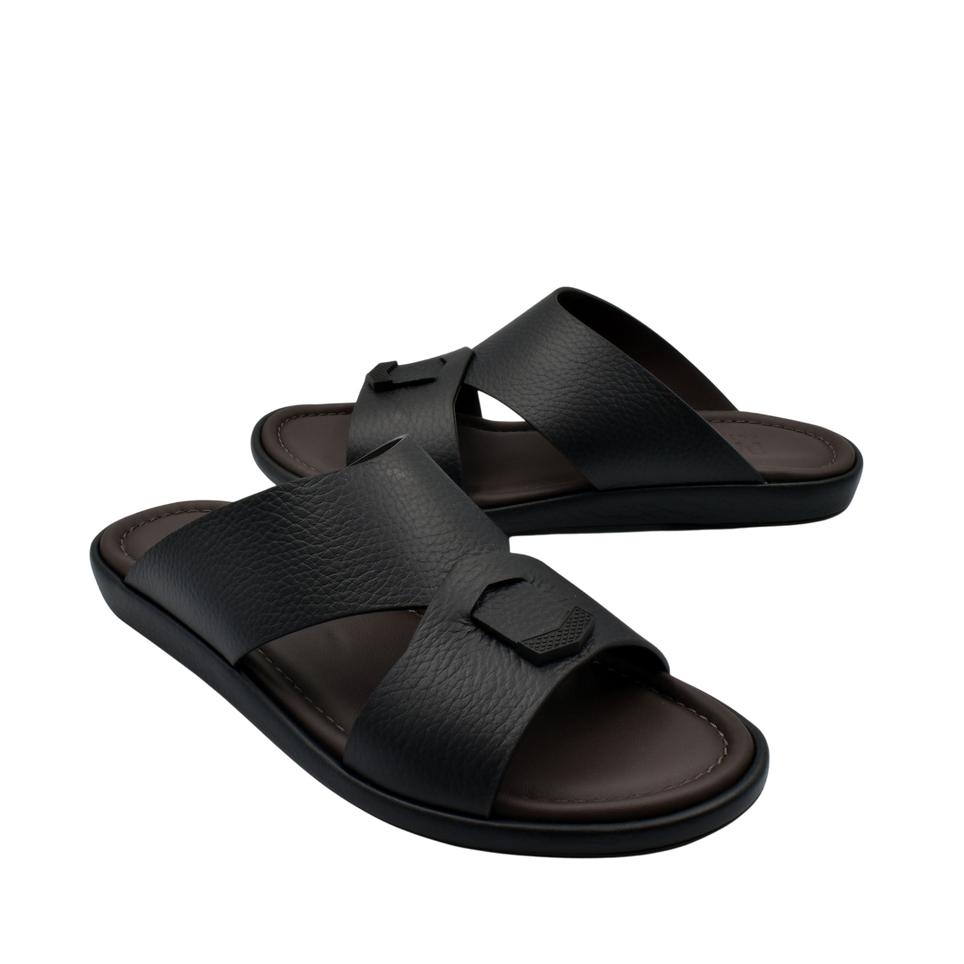 Comfortable stylish slides in black with textured leather straps and cushioned footbed from Private collection