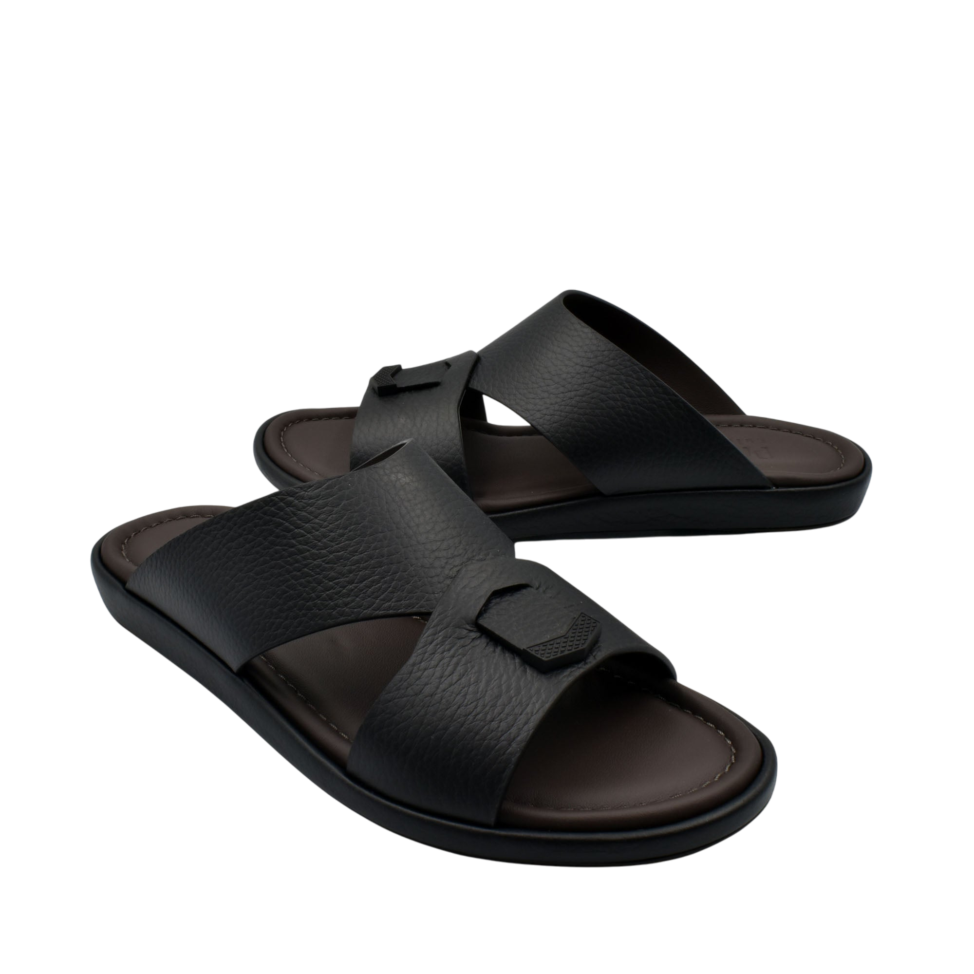 Comfortable stylish slides in black with textured leather straps and cushioned footbed from Private collection