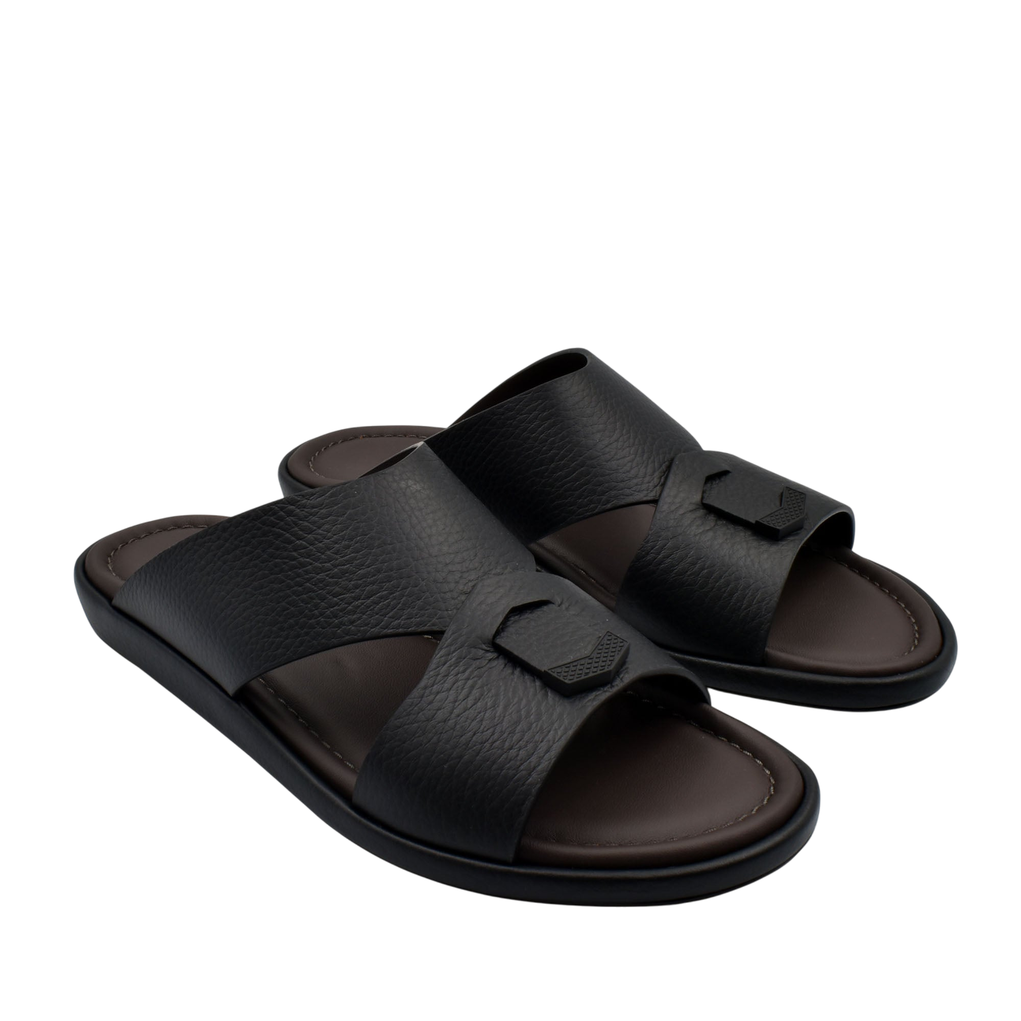 Black comfortable stylish slides with textured straps and cushioned footbed for everyday wear