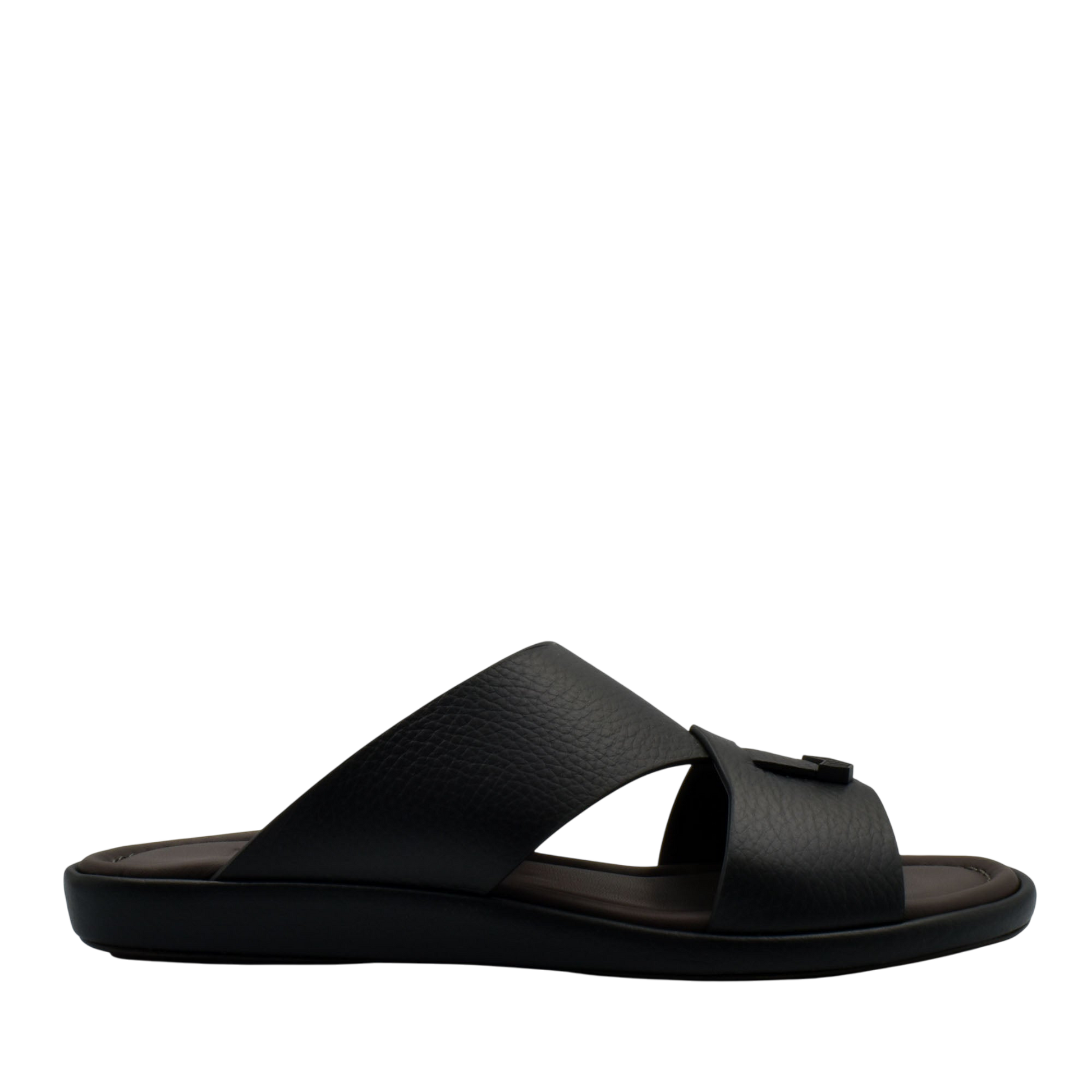 Black comfortable stylish slides with wide leather straps and cushioned footbed for everyday wear