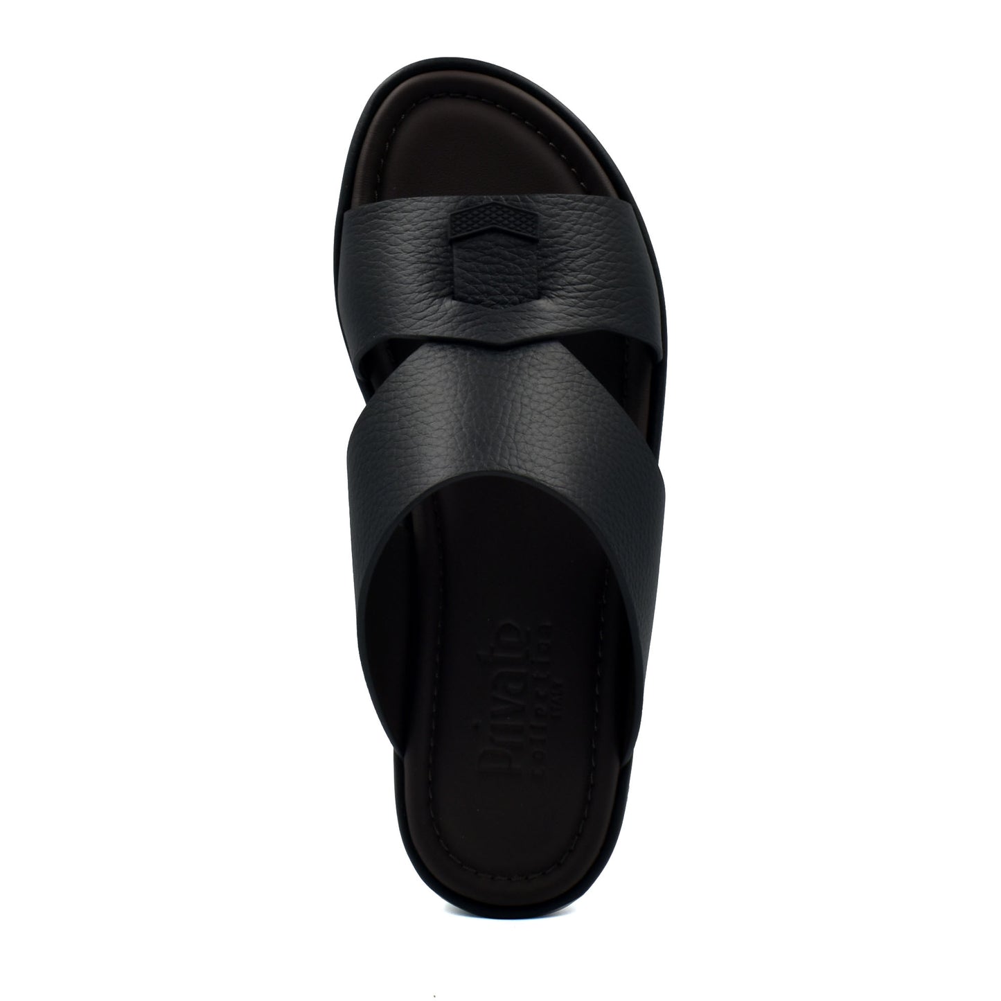 Black comfortable stylish slides with wide leather straps and cushioned sole from Private Collection