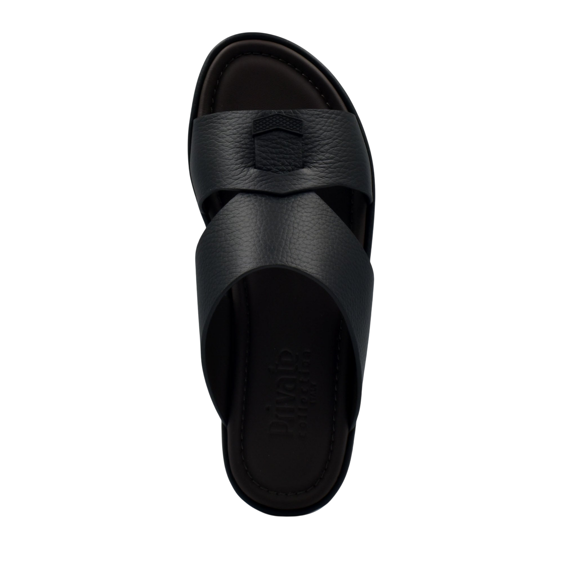 Black comfortable stylish slides with wide leather straps and cushioned sole from Private Collection
