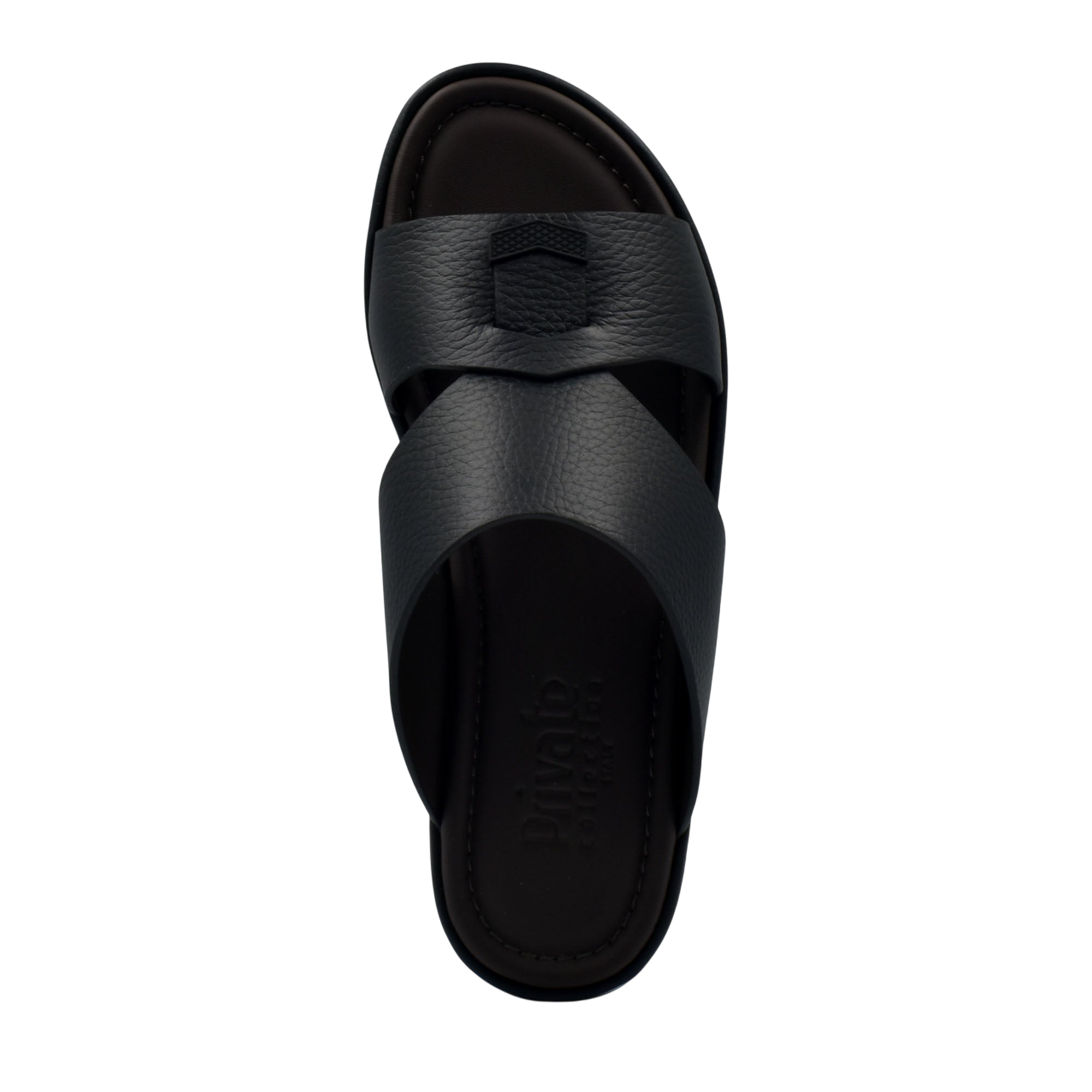 Black comfortable stylish slides with wide leather straps and cushioned sole from Private Collection