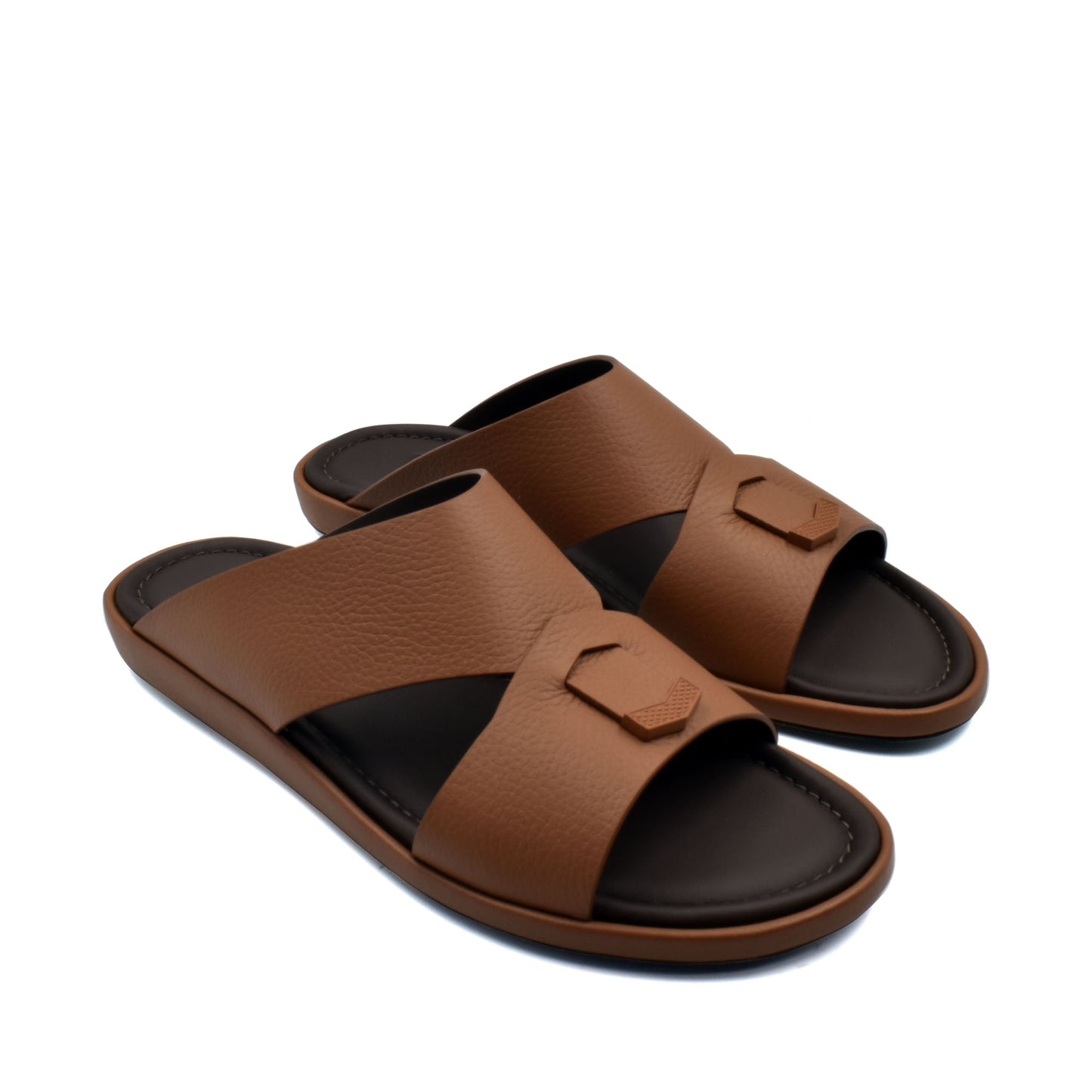 Brown leather comfortable stylish slides with black cushioned footbed from Private Collection
