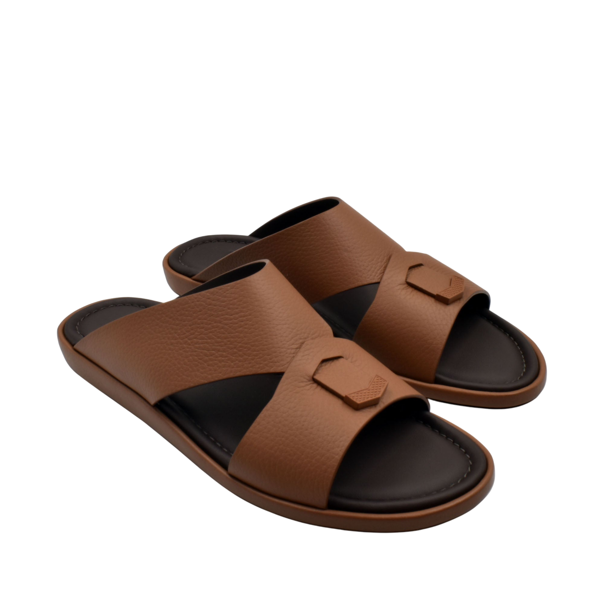 Brown leather comfortable stylish slides with black cushioned footbed from Private Collection