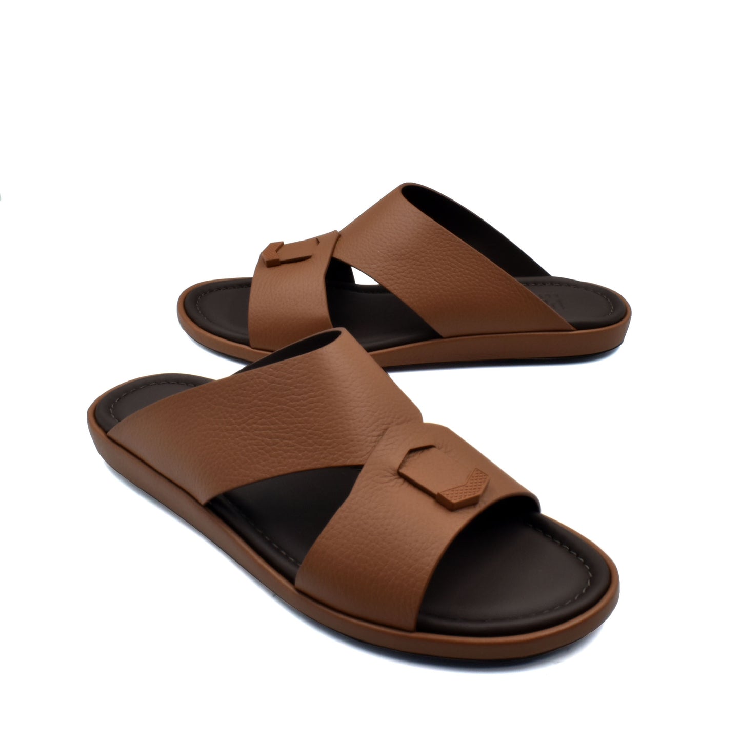 Brown leather comfortable stylish slides with black footbed and buckle detail for casual wear