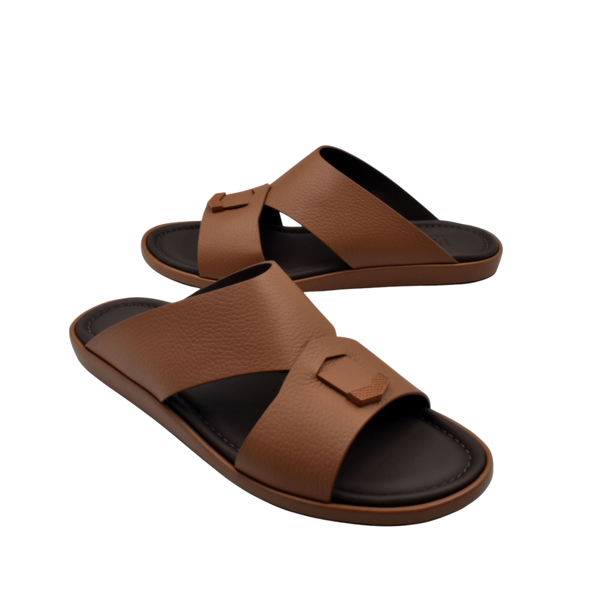 Brown leather comfortable stylish slides with black footbed and buckle detail for casual wear