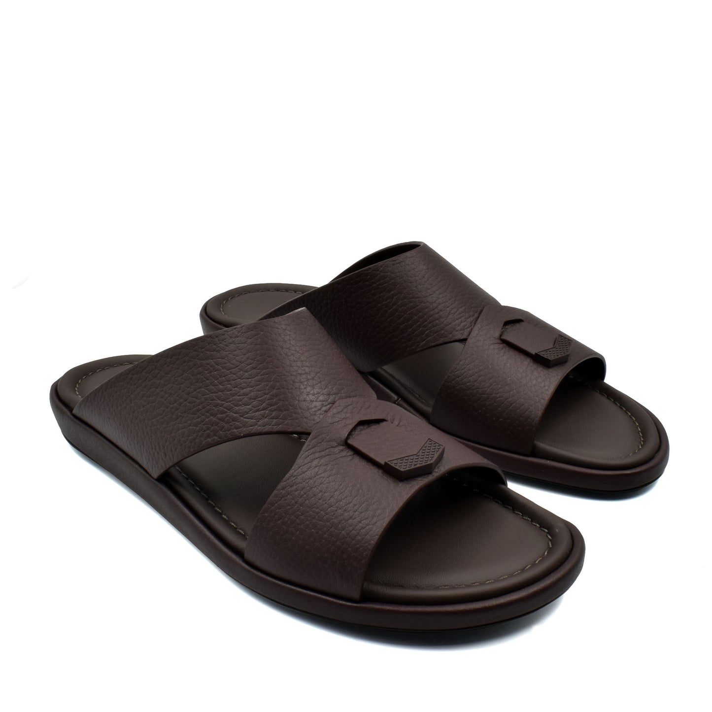 Brown leather comfortable stylish slides with wide strap and cushioned footbed for casual wear