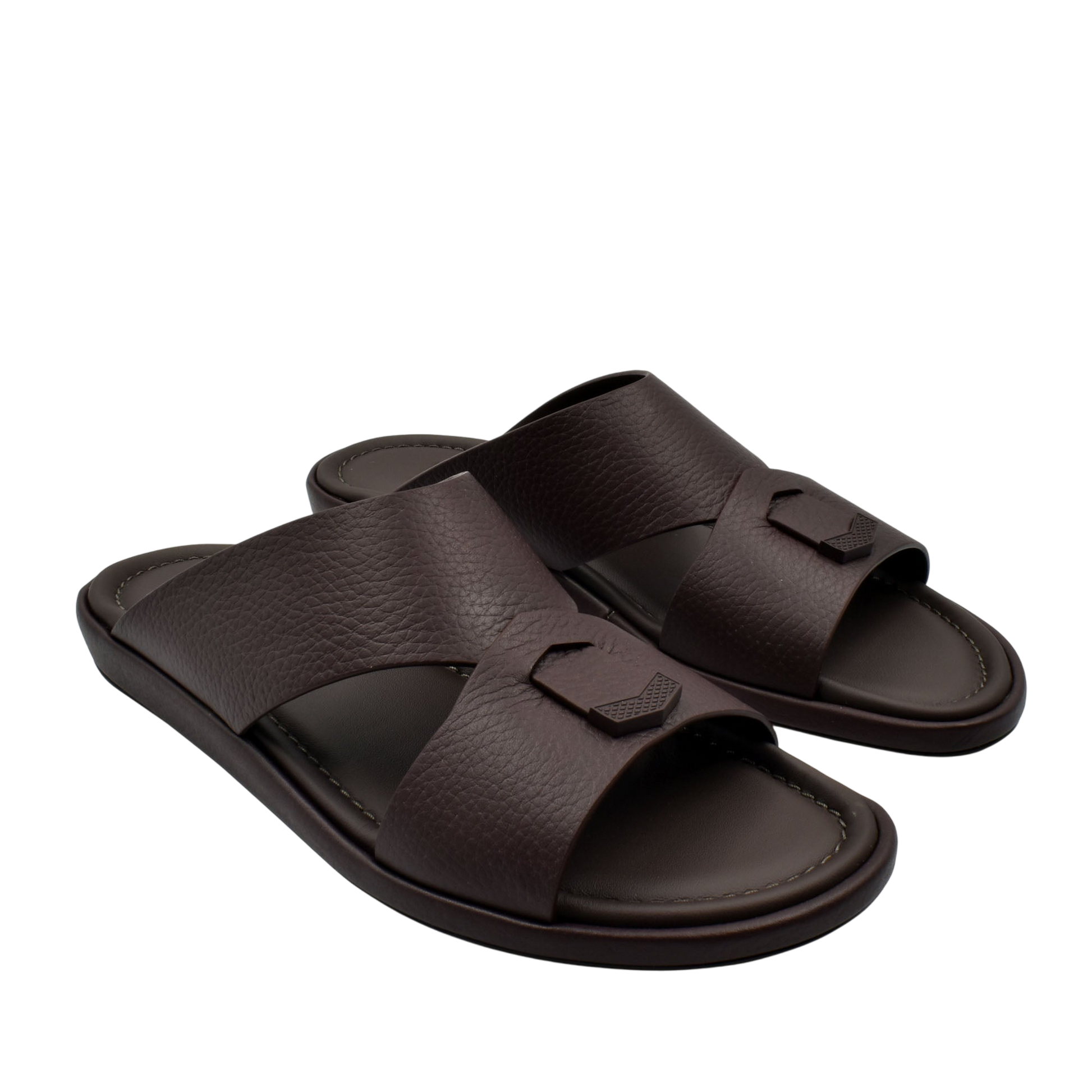 Brown leather comfortable stylish slides with wide strap and cushioned footbed for casual wear