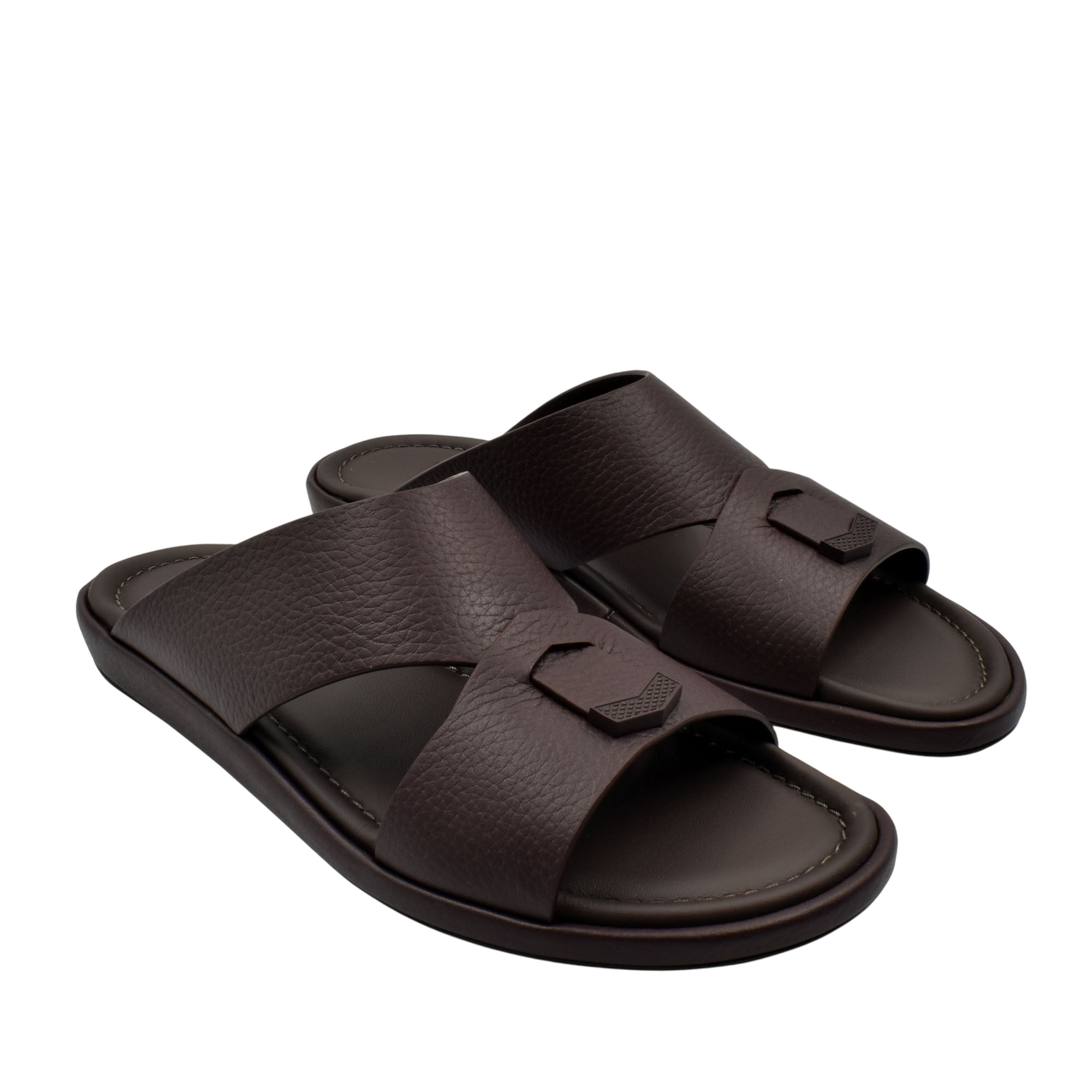 Brown leather comfortable stylish slides with wide strap and cushioned footbed for casual wear