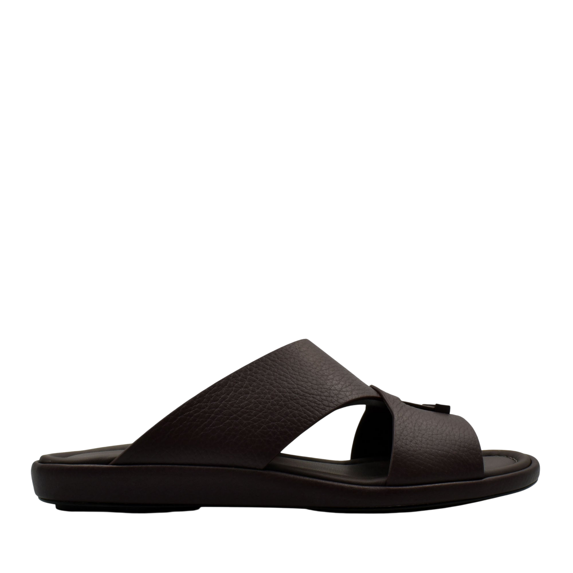 Brown comfortable stylish slides with wide textured straps and cushioned footbed from Private collection