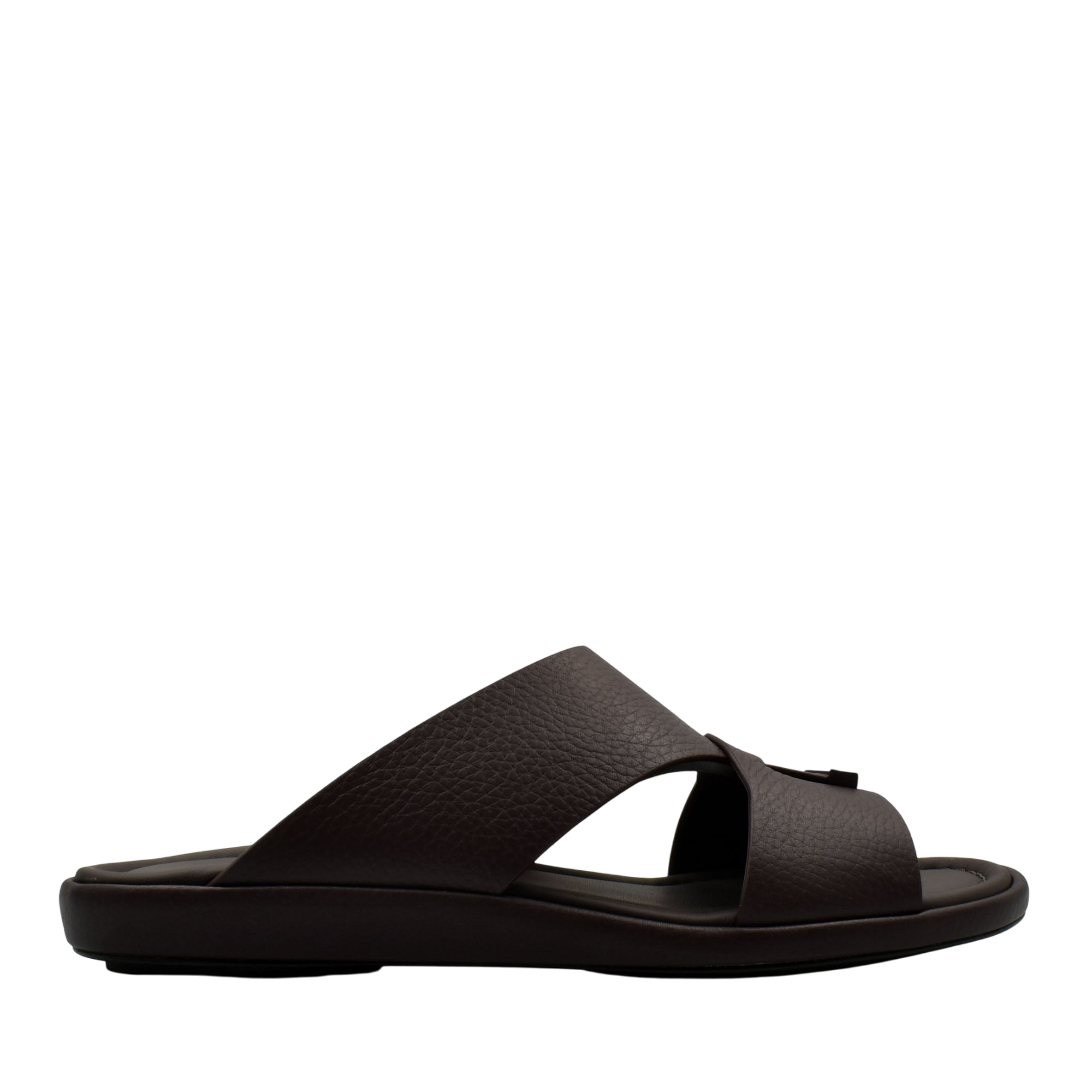 Brown comfortable stylish slides with wide textured straps and cushioned footbed from Private collection