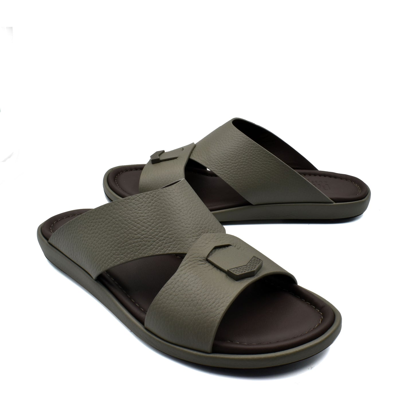 Comfortable stylish slides with wide gray straps and cushioned brown footbed for casual wear