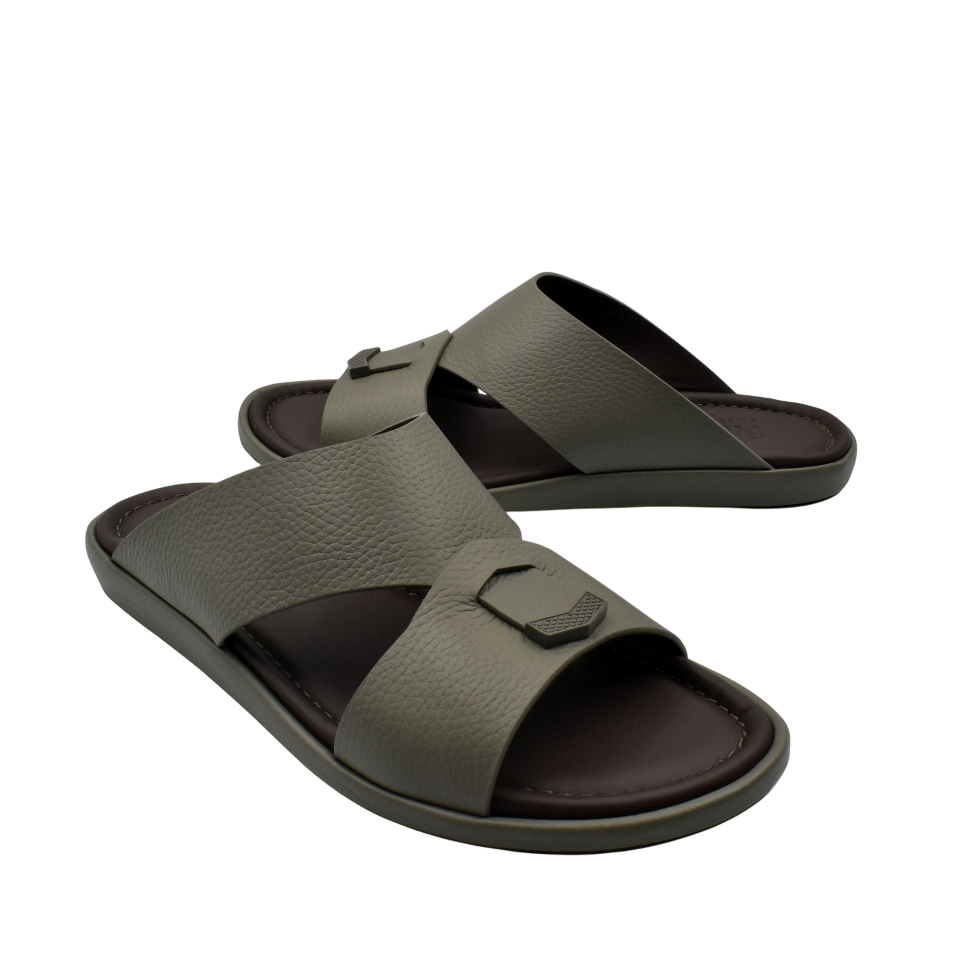 Comfortable stylish slides with wide gray straps and cushioned brown footbed for casual wear