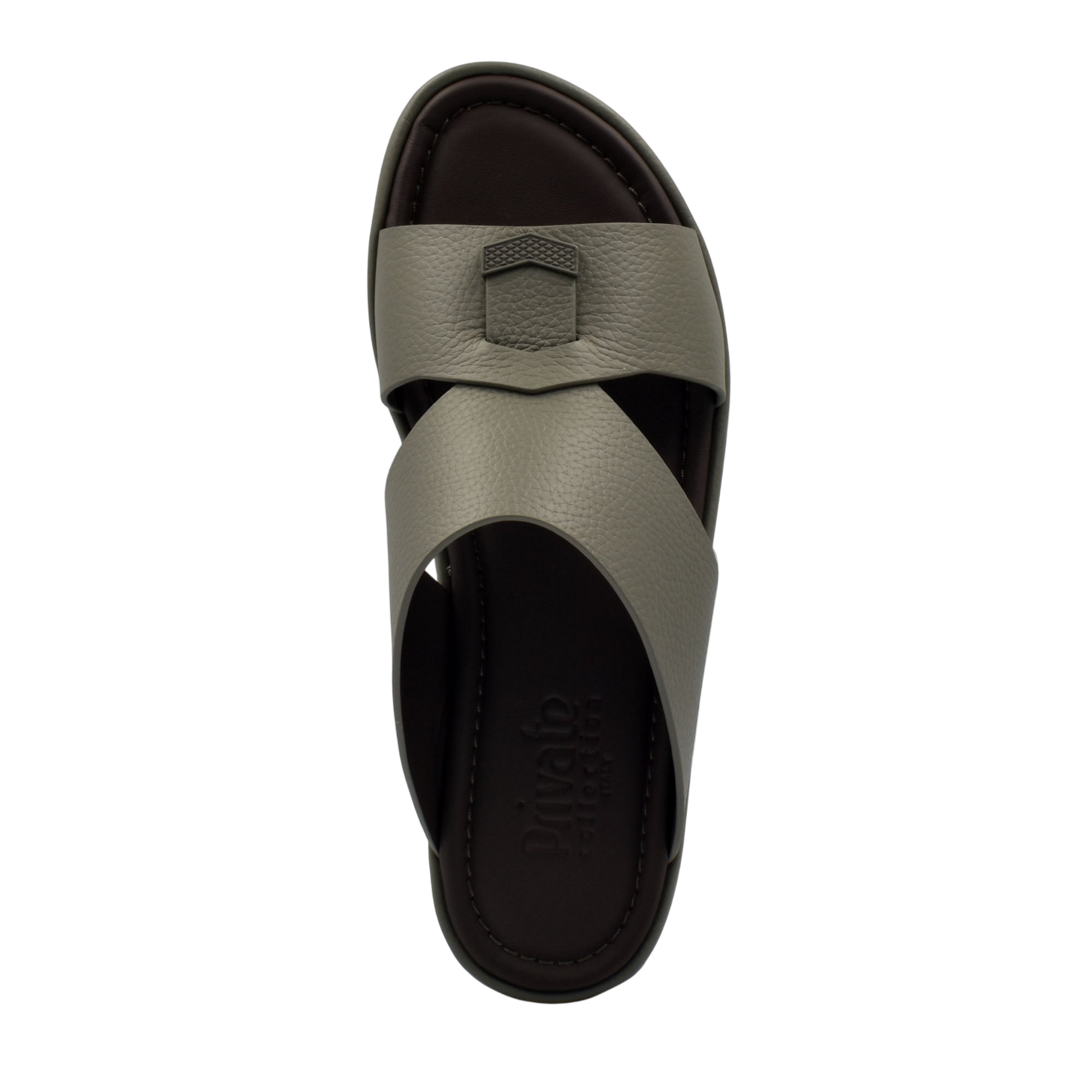 Comfortable stylish slides with gray leather straps and cushioned black sole for everyday wear