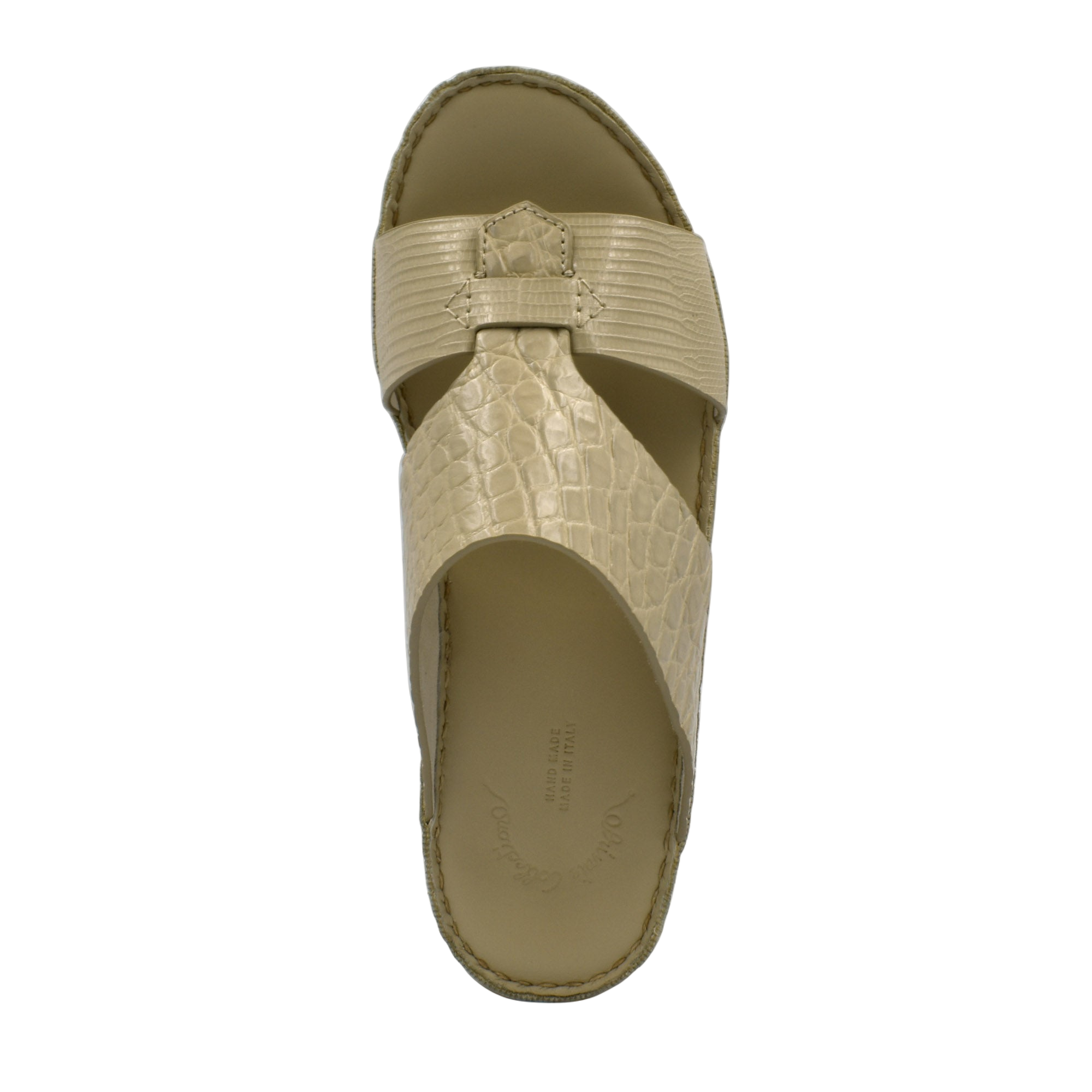 Beige Crocodile Lizard Leather Sandals with textured straps and cushioned sole by Private Collection