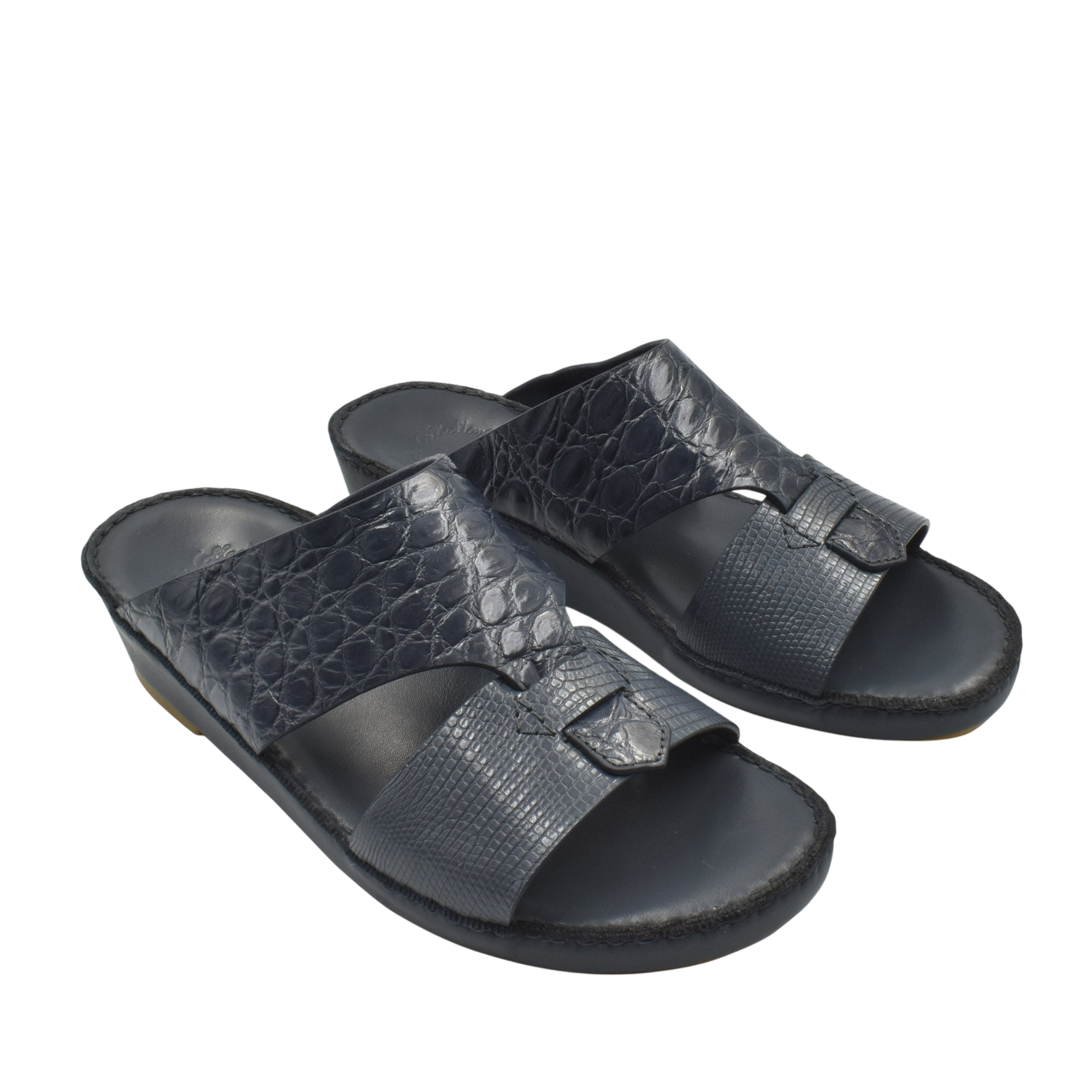 Private Collection black Crocodile Lizard Leather Sandals with textured straps and open toe design