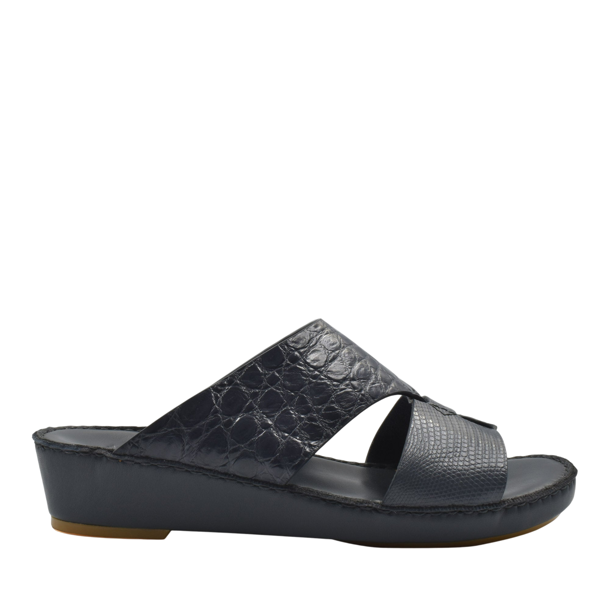 Black Crocodile Lizard Leather Sandals with wedge sole and open toe design