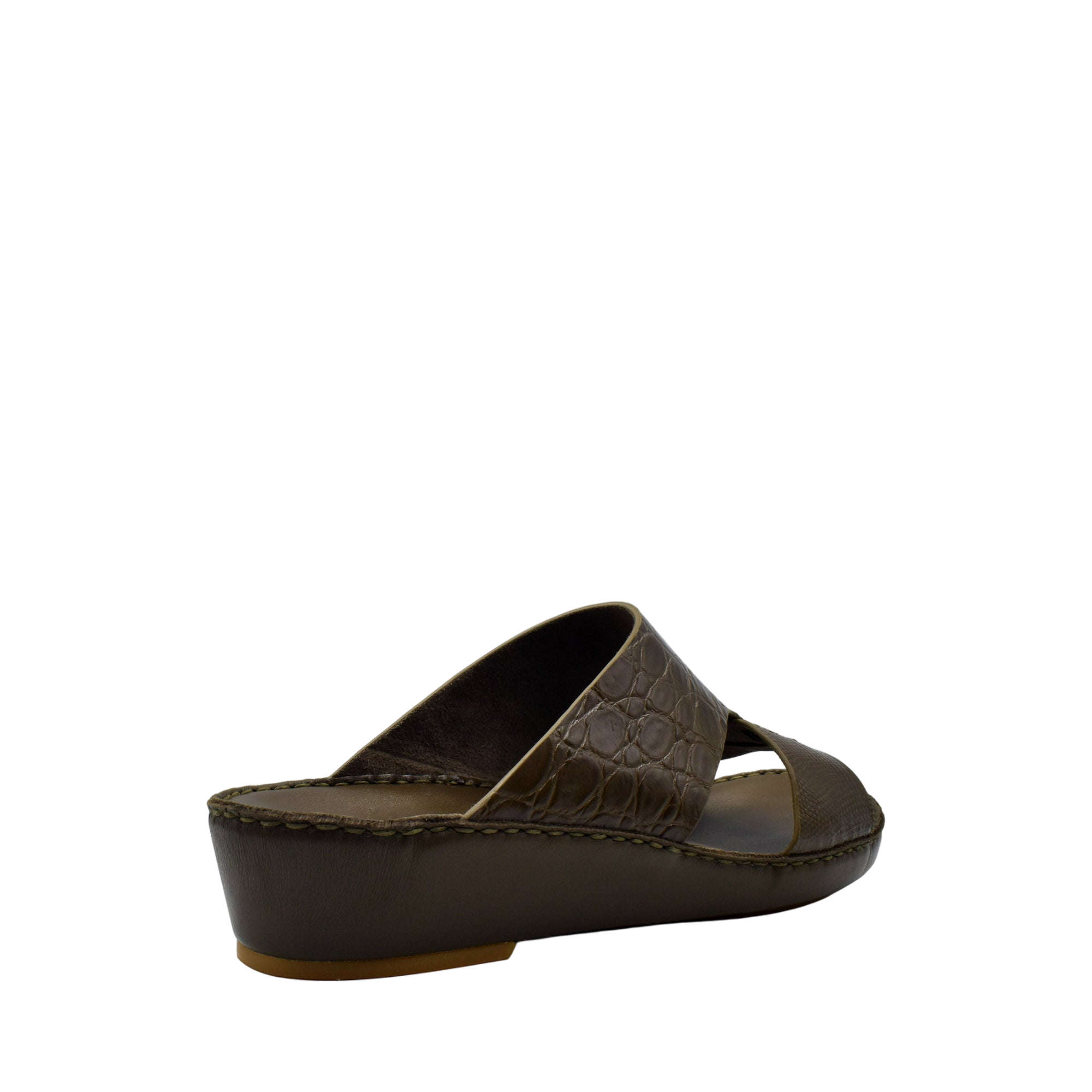Private Collection Crocodile Lizard Leather Sandals in brown with crisscross straps and wedge sole
