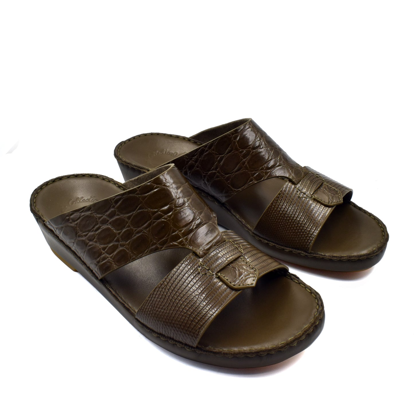 Private Collection Crocodile Lizard Leather Sandals in brown with textured straps and open toe design